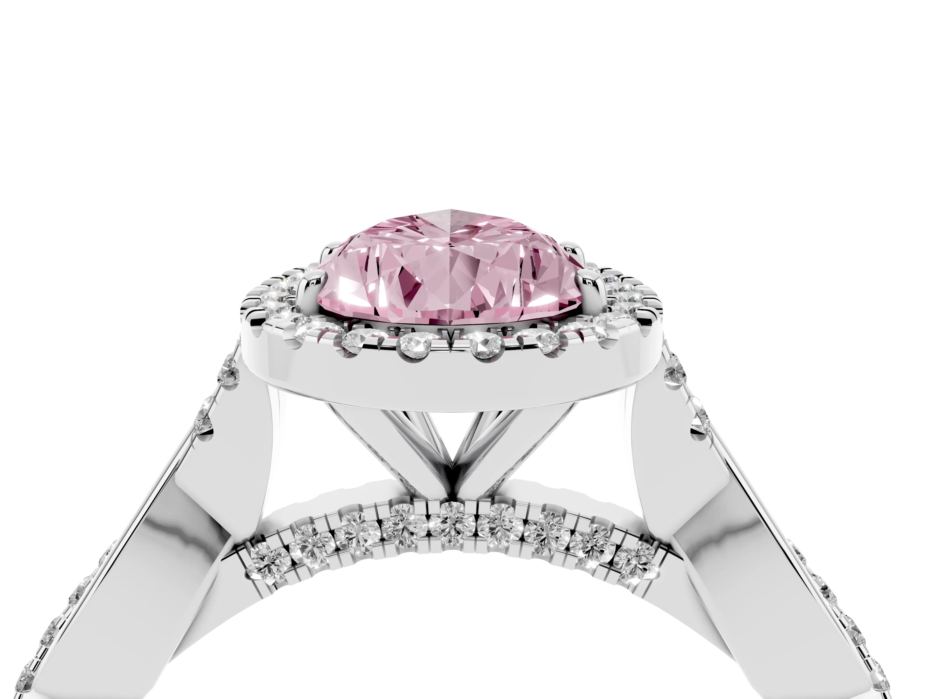 Fancy Pink Pear Cut Diamond Halo Twist Band Solitaire Ring Set in White gold with Prong Setting