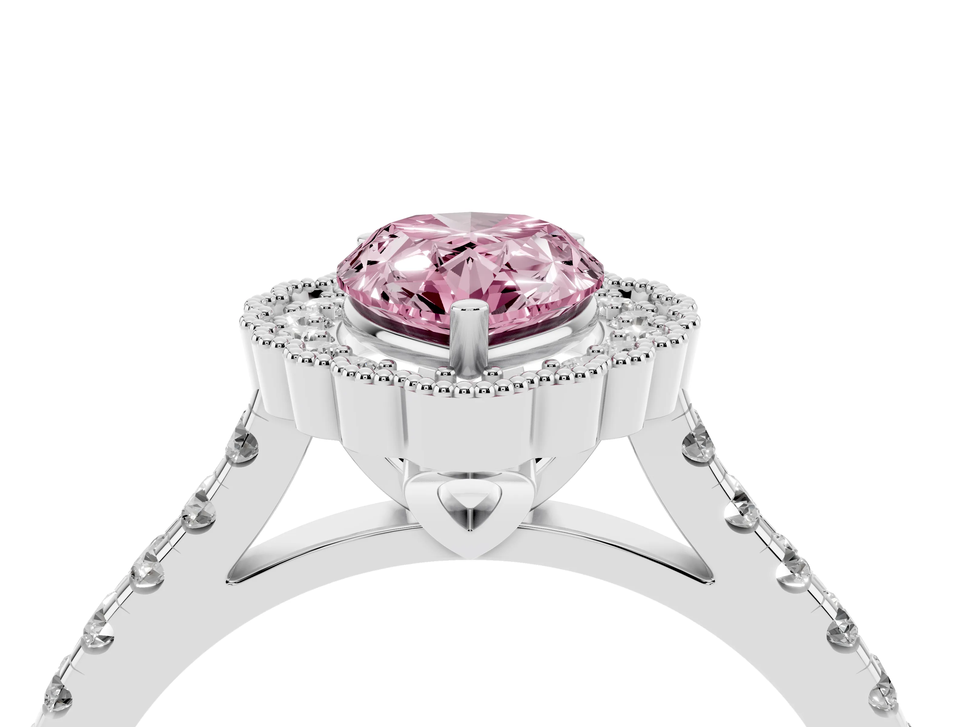 Fancy Pink Pear Cut Diamond Milgrain Floral Halo Engagement Ring Set in Silver with Pavé Band