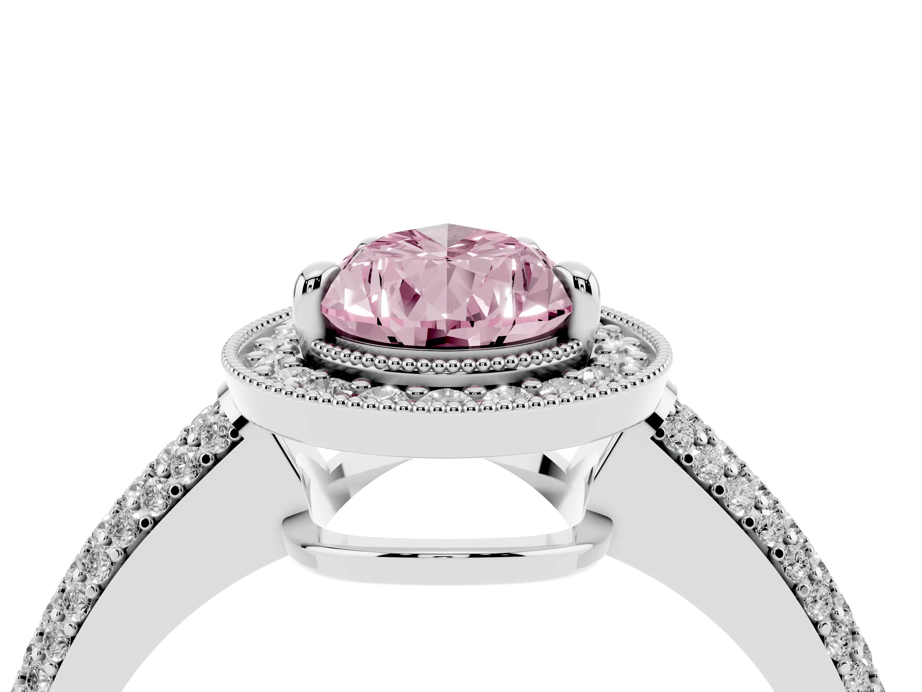 Fancy Pink Pear Cut Diamond Halo Pavé Band Set in White gold with Prong Setting