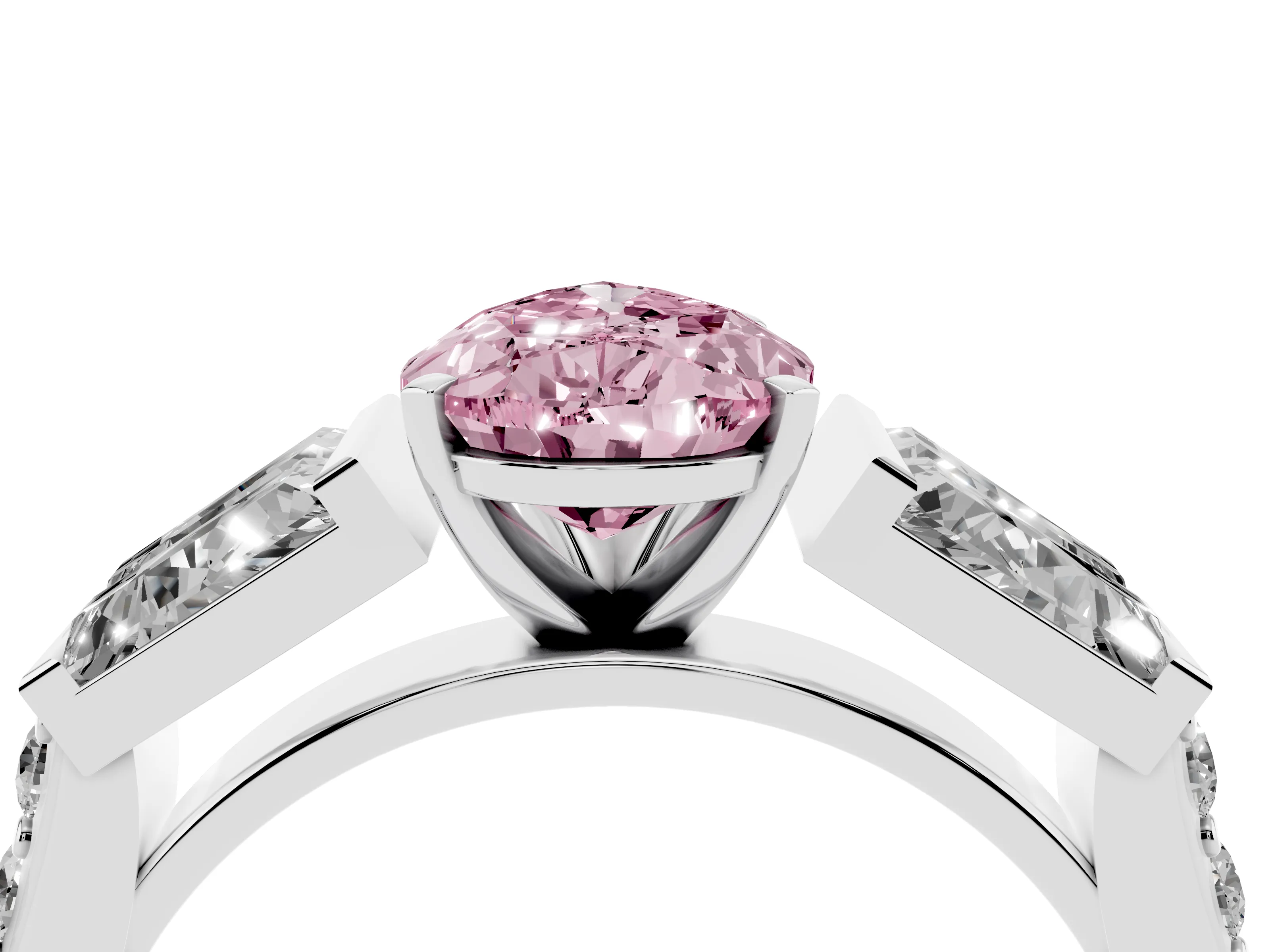 Fancy Pink Pear Cut Diamond Engagement Ring Set in White gold with Baguette Side Stones and Channel Set Band