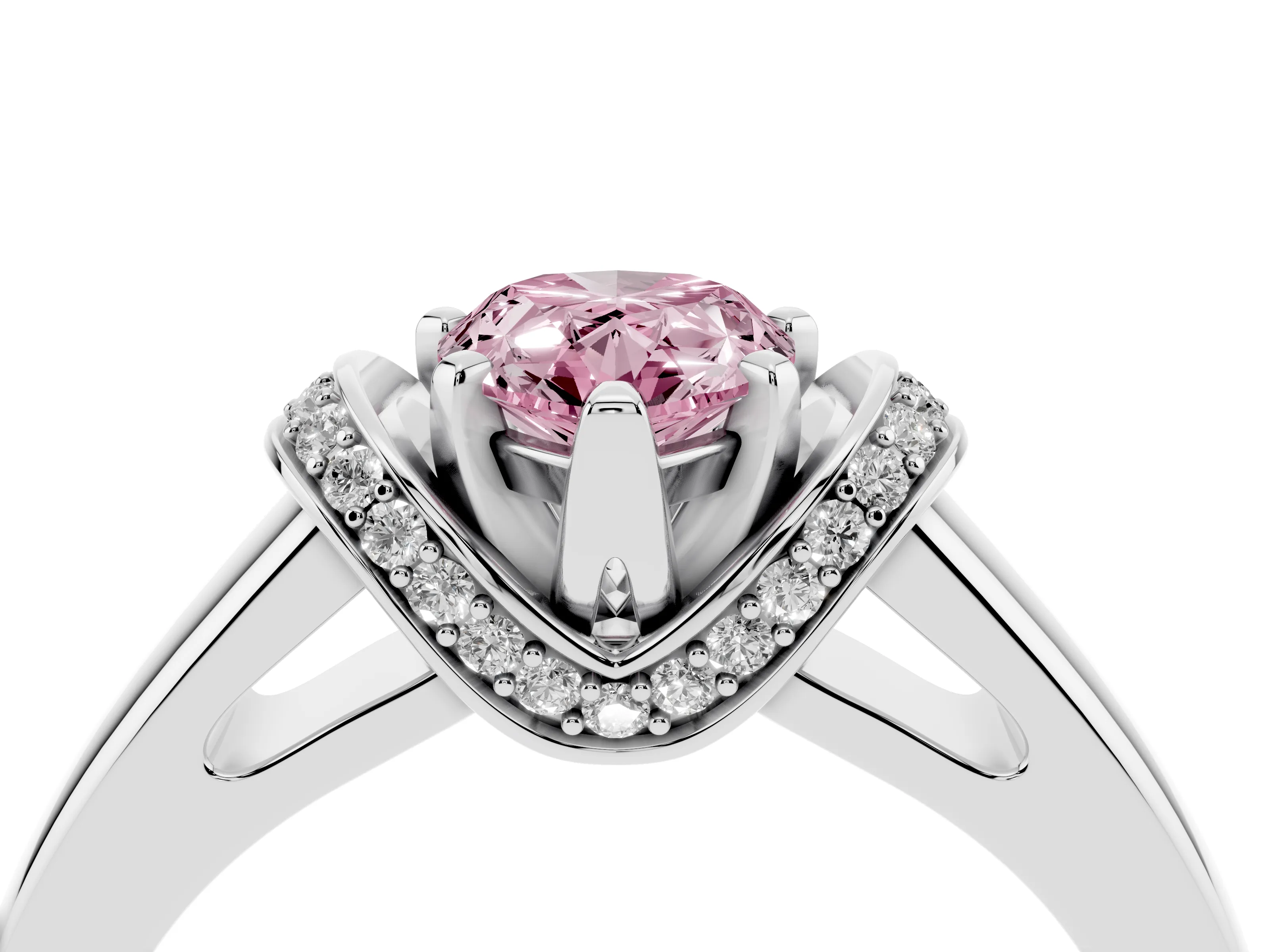 Fancy Pink Pear Cut Diamond Pavé Band Solitaire Ring Set in Silver with Prong Setting