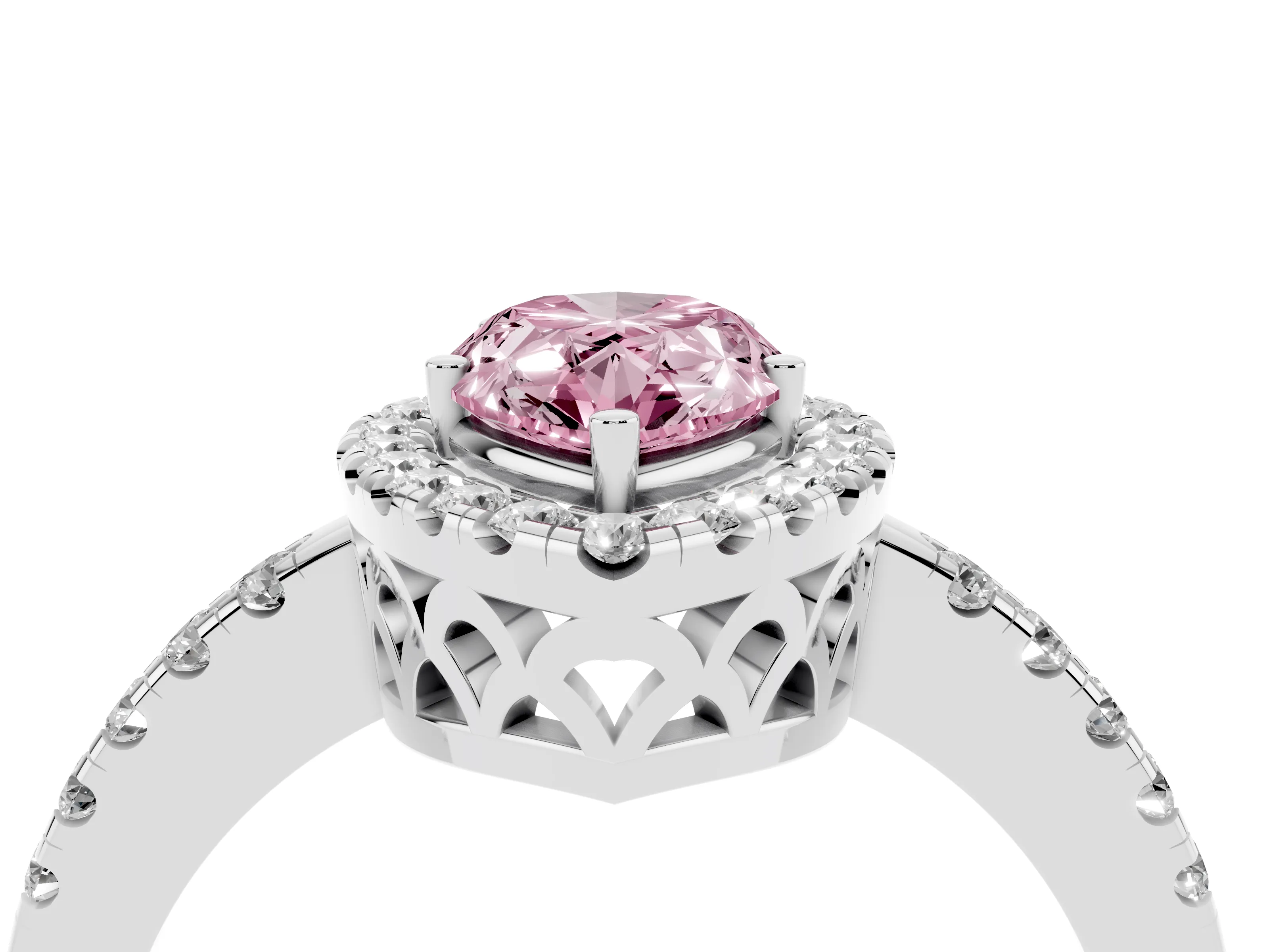 Fancy Pink Pear Cut Diamond Pavé Band Halo Engagement Ring Set in White gold with Prong Setting