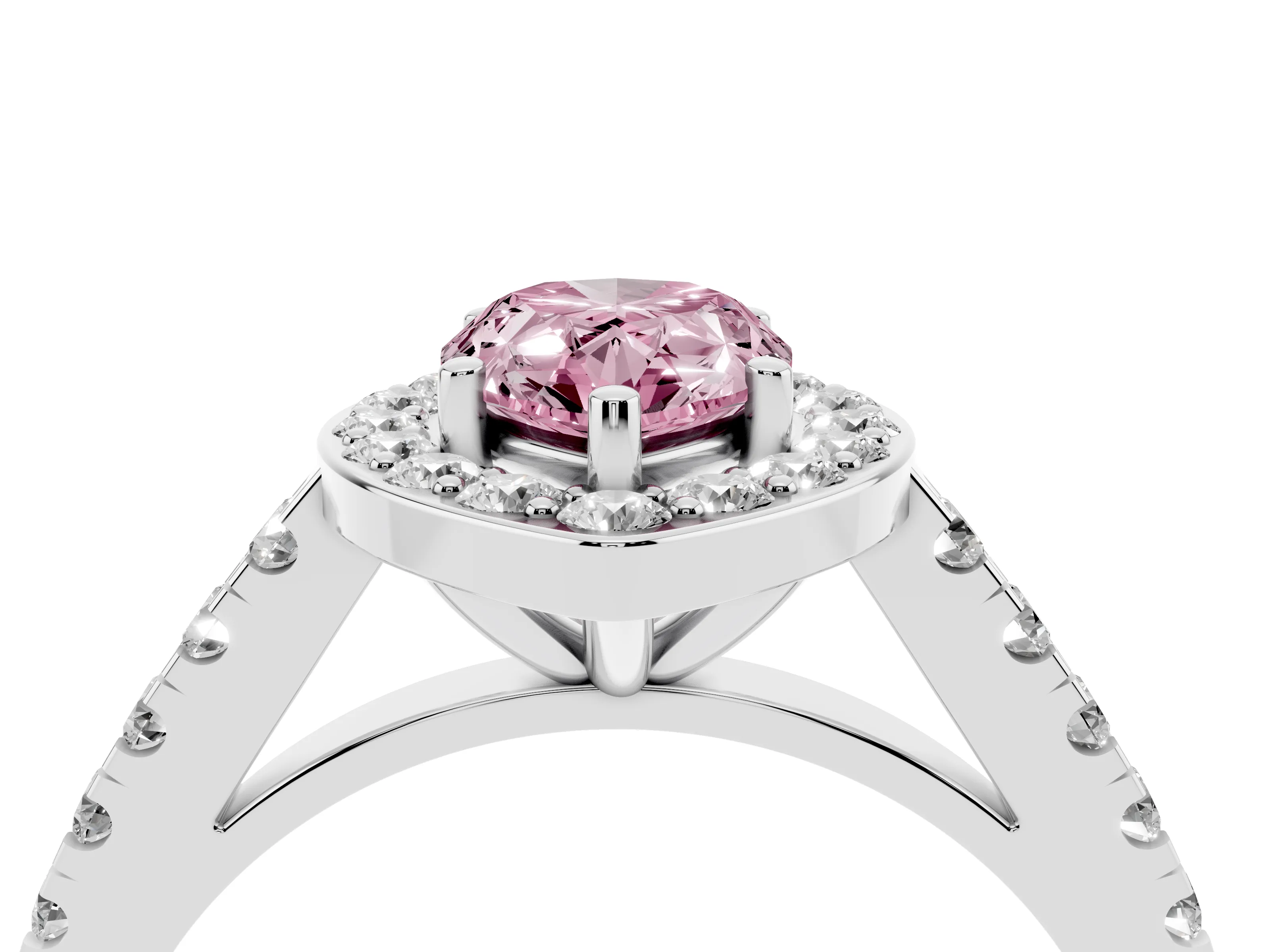 Fancy Pink Pear Cut Diamond Halo Ring Set in Silver with Round Pavé Split Shank and Prong Setting