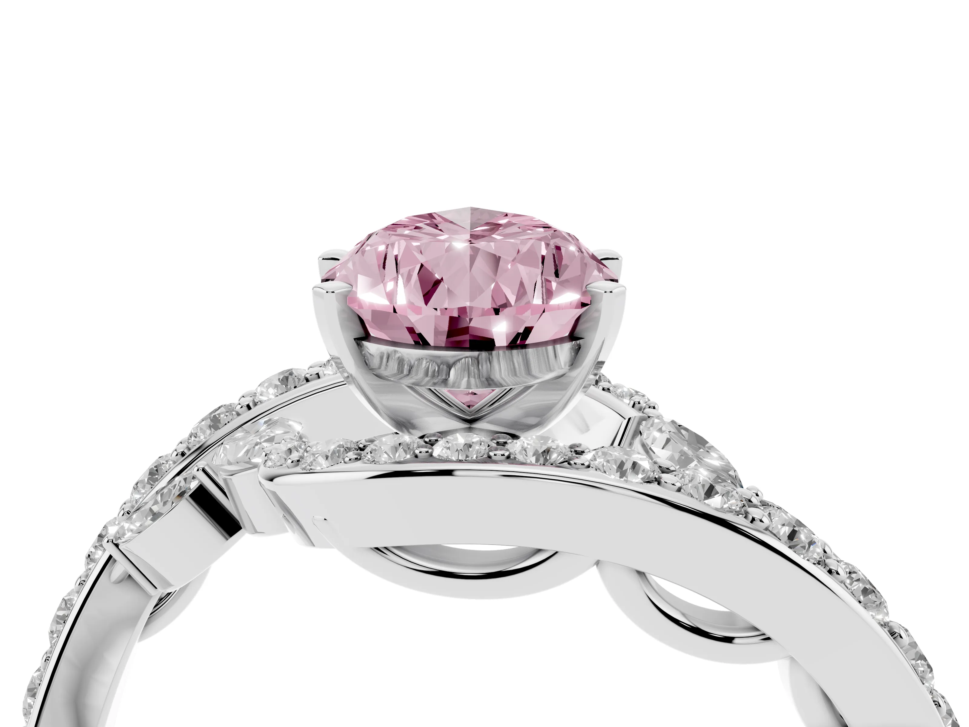 Fancy Pink Pear Cut Diamond Solitaire Ring Set in Platinum with Pavé Twist Band and Secure Prong Setting