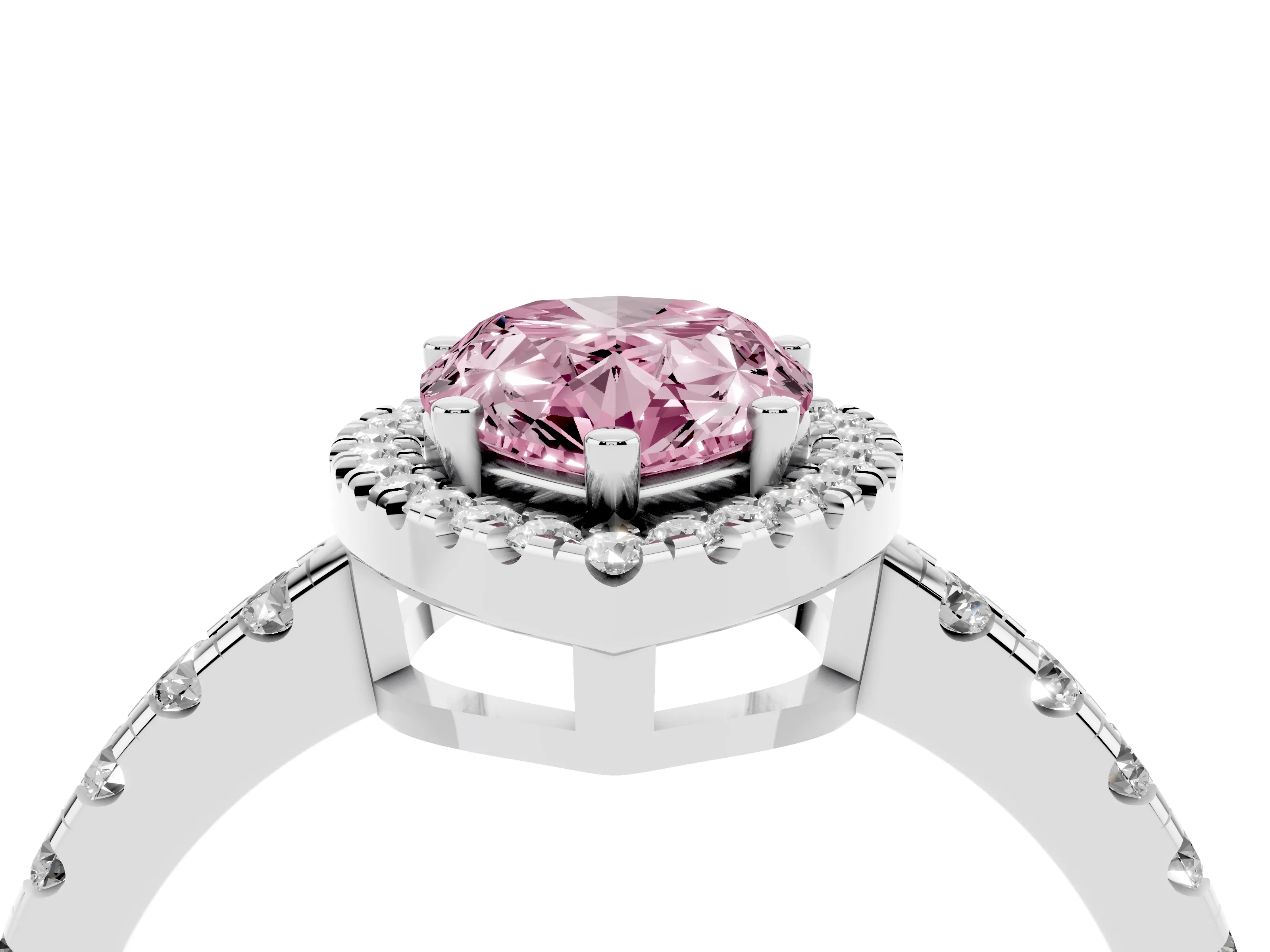 Fancy Pink Pear Cut Diamond Halo Ring Set in White gold with Delicate Pavé Band and Prong Setting