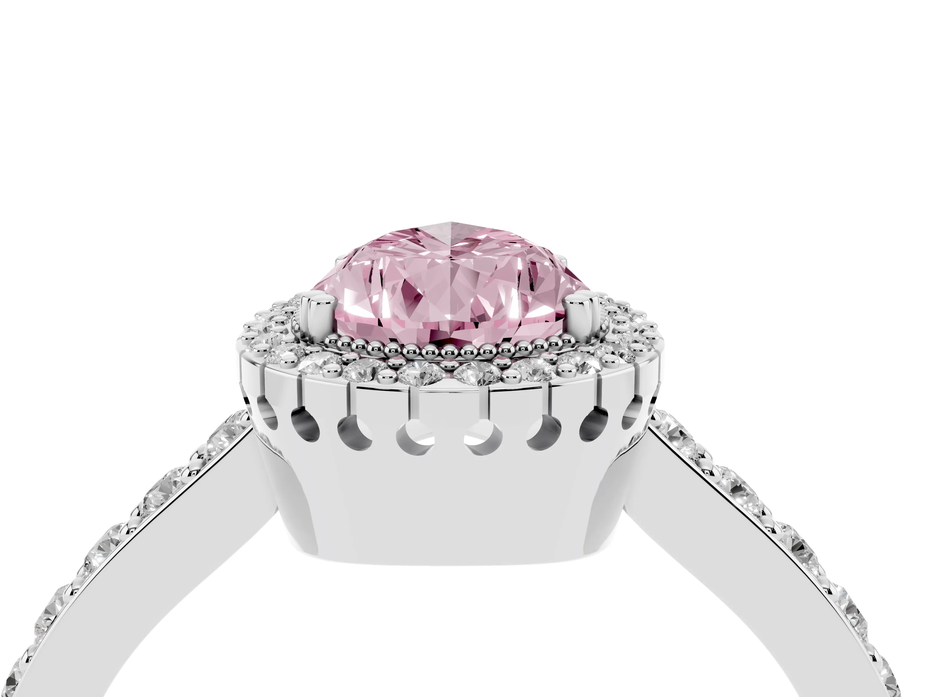 Fancy Pink Pear Cut Diamond Halo Engagement Ring Set in White gold with Milgrain Detail and Pavé Band