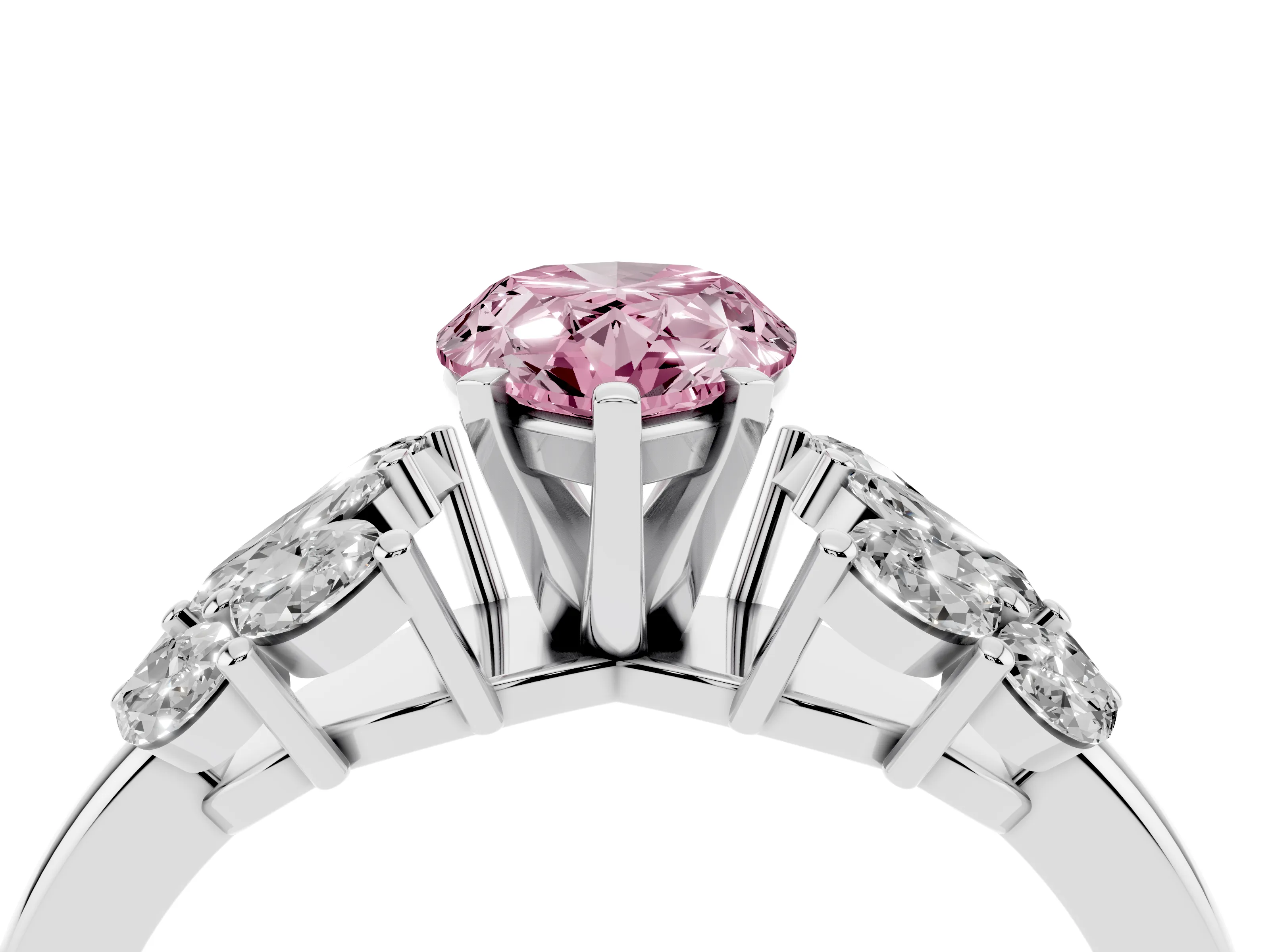 Fancy Pink Pear Cut Diamond Cluster Leaf Design Ring Set in Silver with Prong Setting