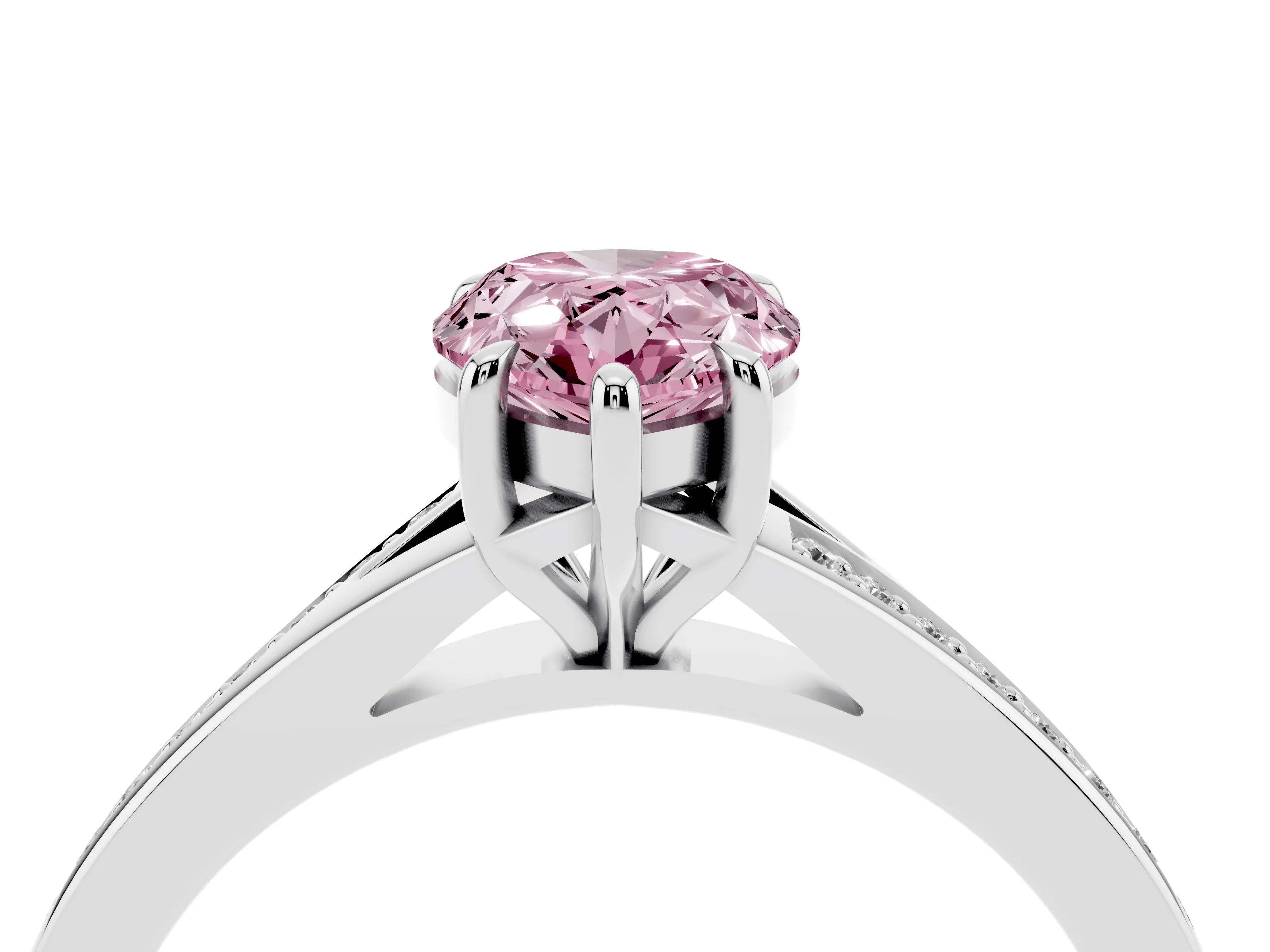 Fancy Pink Pear Cut Diamond Solitaire Ring Set in Platinum with Pavé Accent Band and Classic Prong Setting