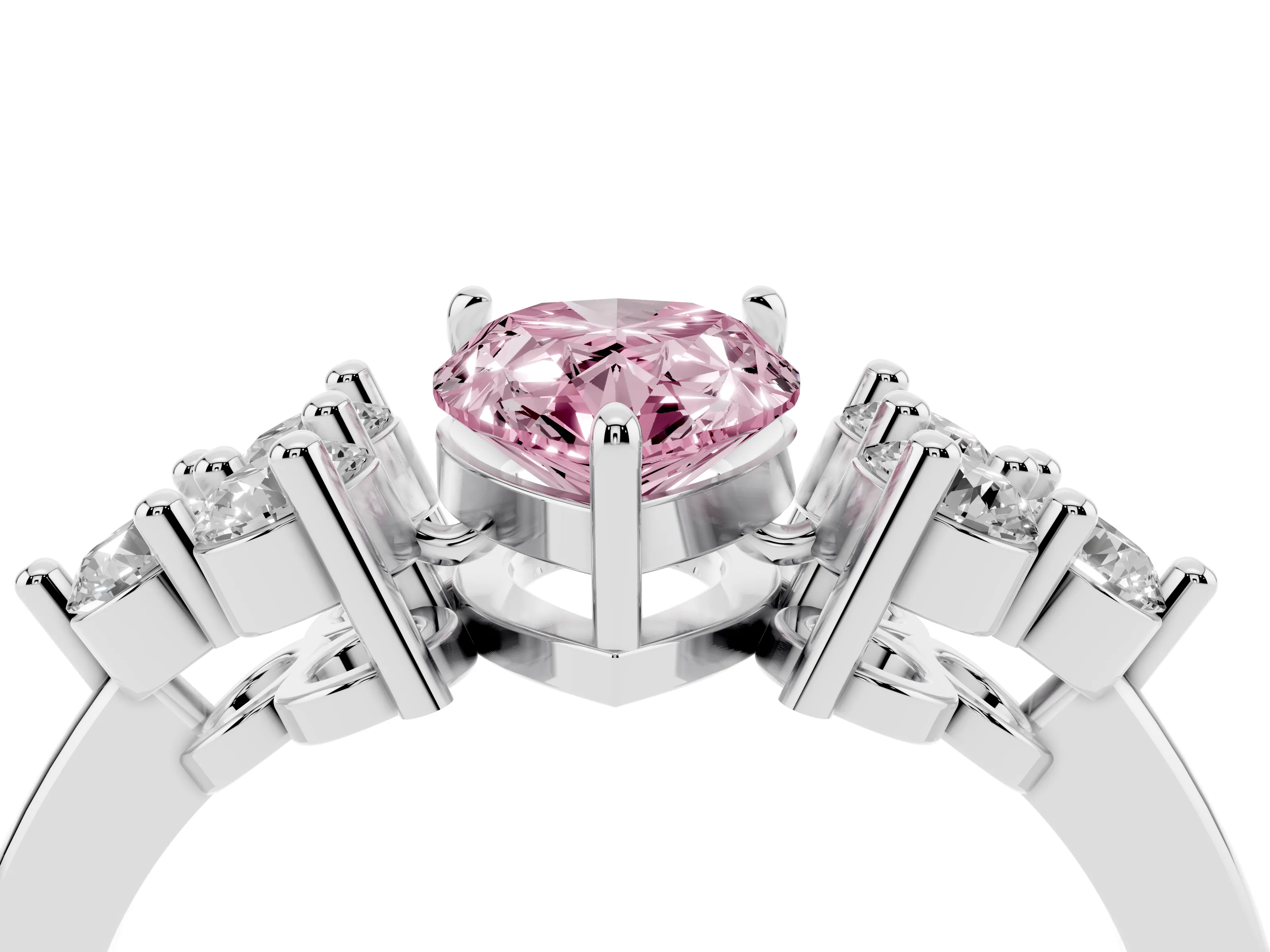 Fancy Pink Pear Cut Diamond Solitaire Ring Set in Silver with Cluster Accents on Each Side