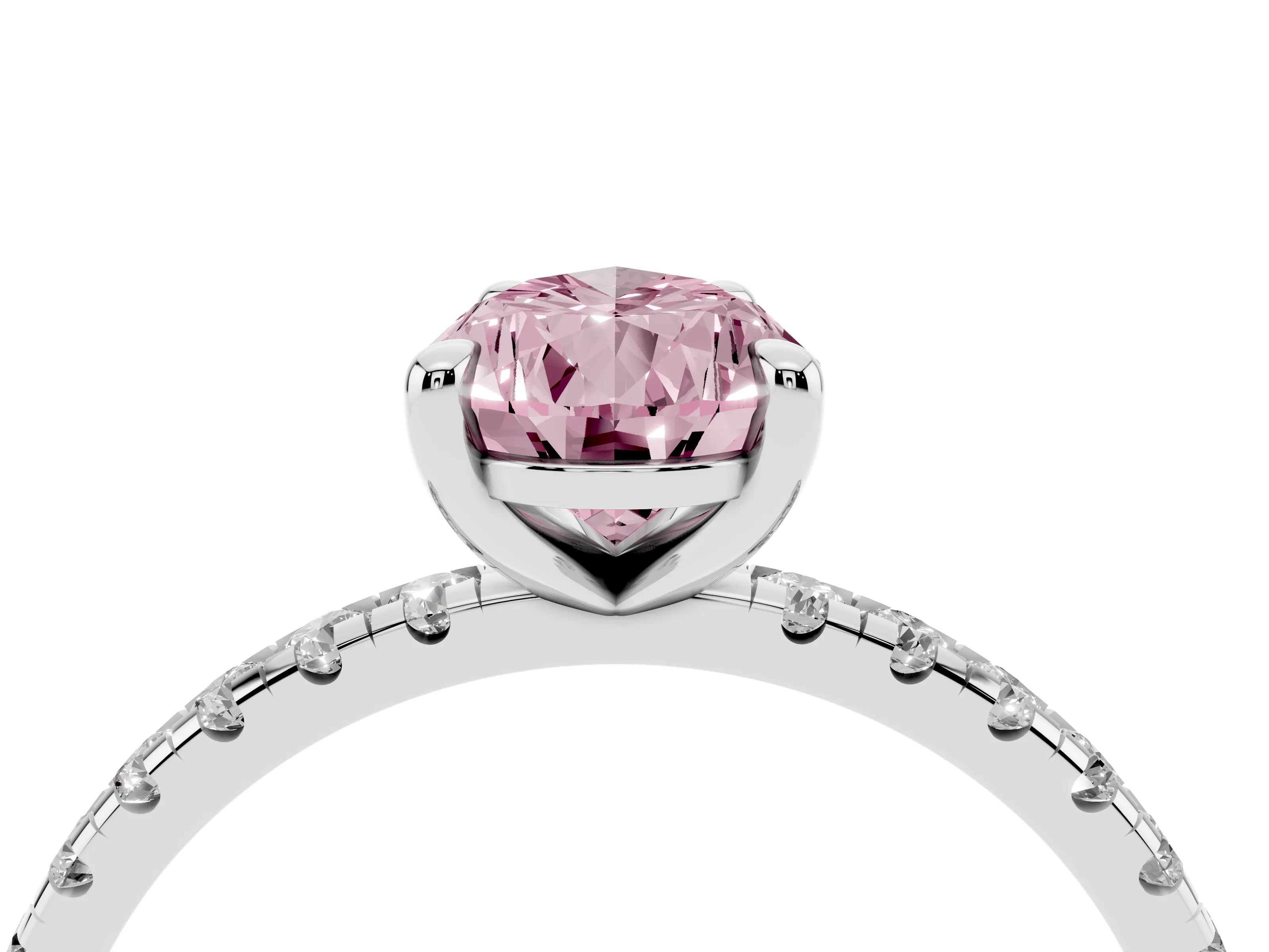 Fancy Pink Pear Cut Diamond Brilliant Solitaire Ring Set in White gold with Pavé Band and Prong Setting