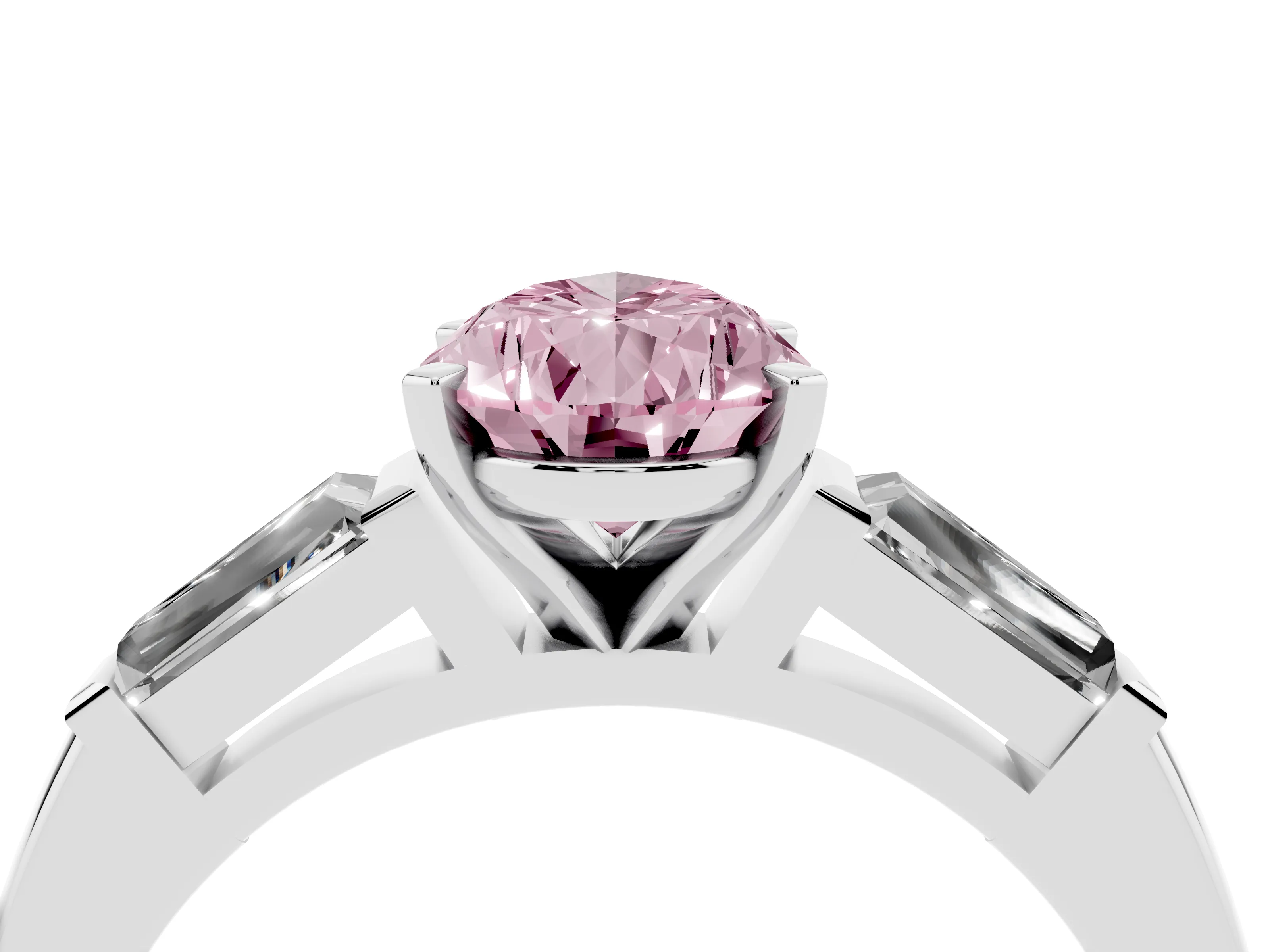 Fancy Pink Pear Cut Diamond Solitaire Ring Set in Platinum with Tapered Baguette Side Stones and Prong Setting