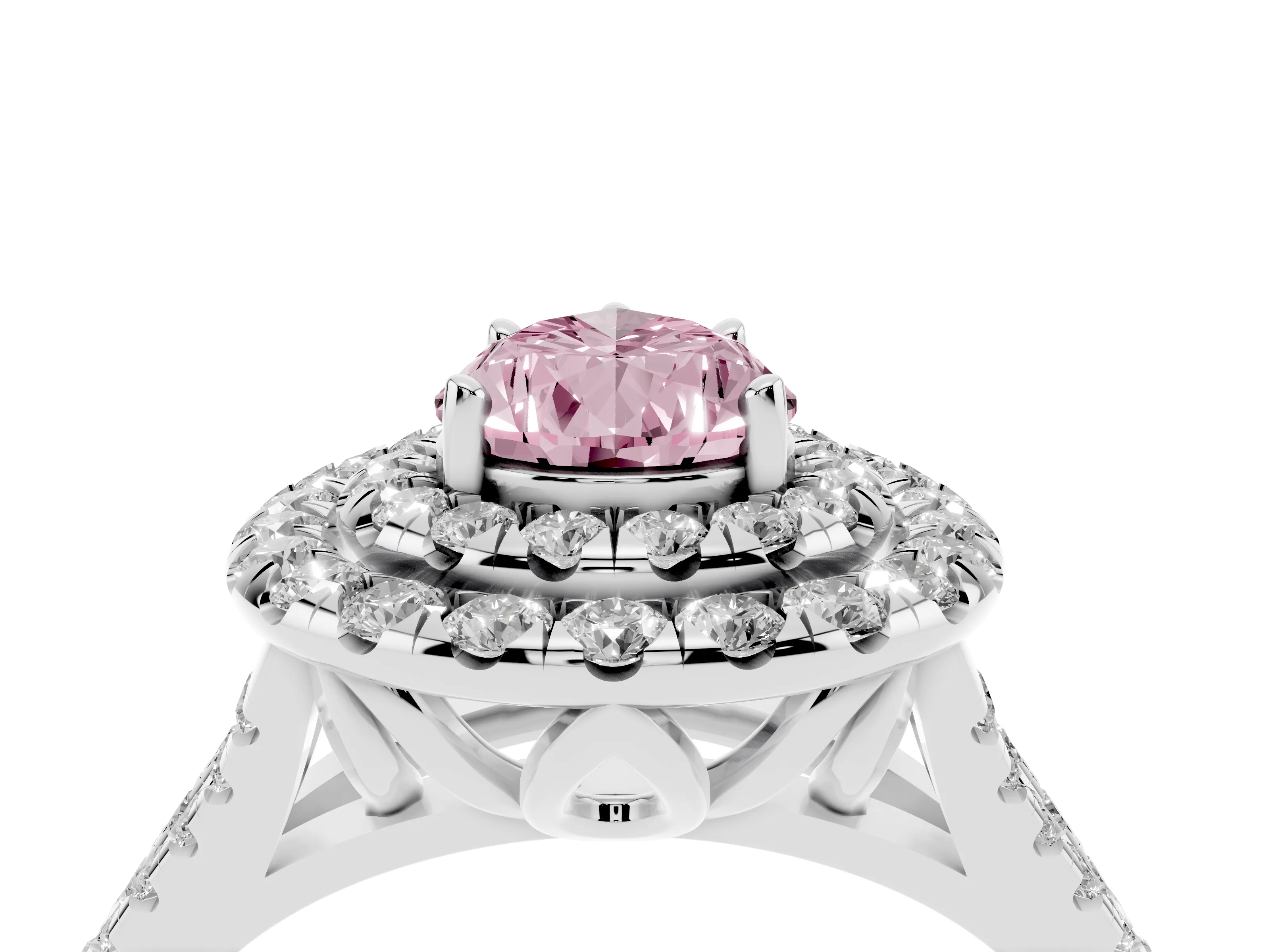 Fancy Pink Pear Cut Diamond Double Halo Ring Set in Silver with Pavé Split Shank and Prong Setting