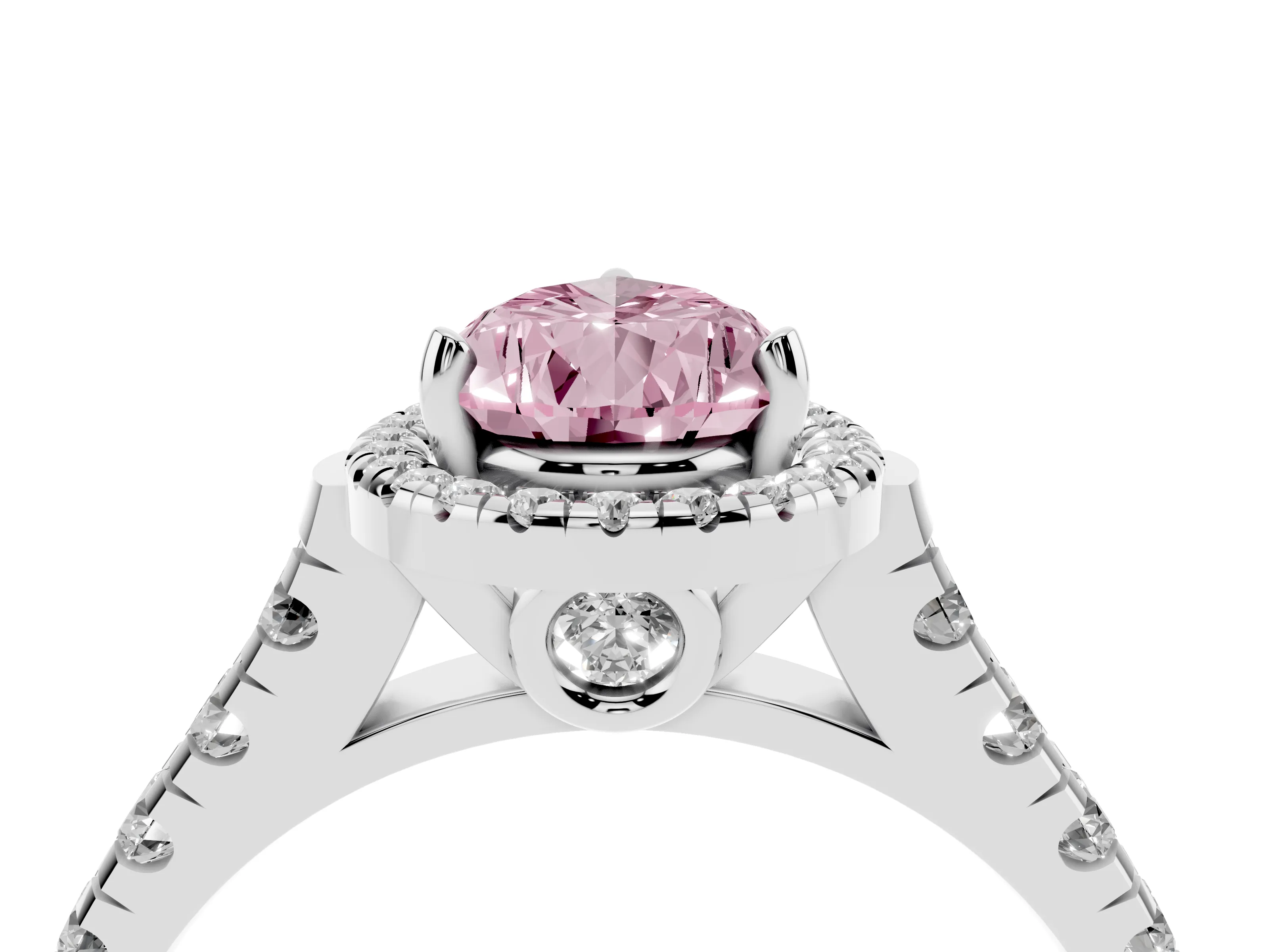 Fancy Pink Pear Cut Diamond Halo Engagement Ring Set in Platinum with Pavé Band and Prong-Set Center