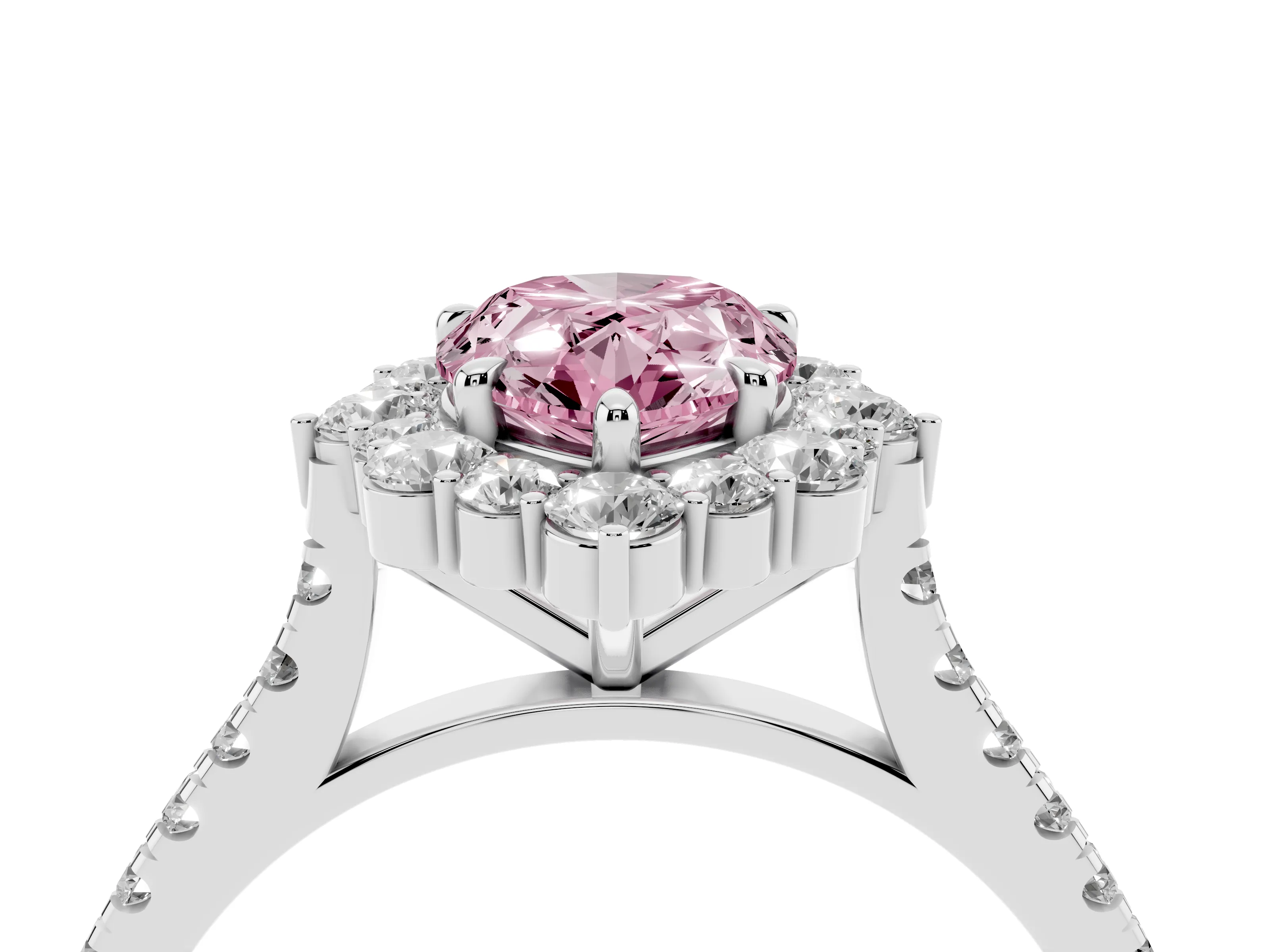 Fancy Pink Pear Cut Diamond Halo Ring Set in White gold with Pavé Band and Prong Setting