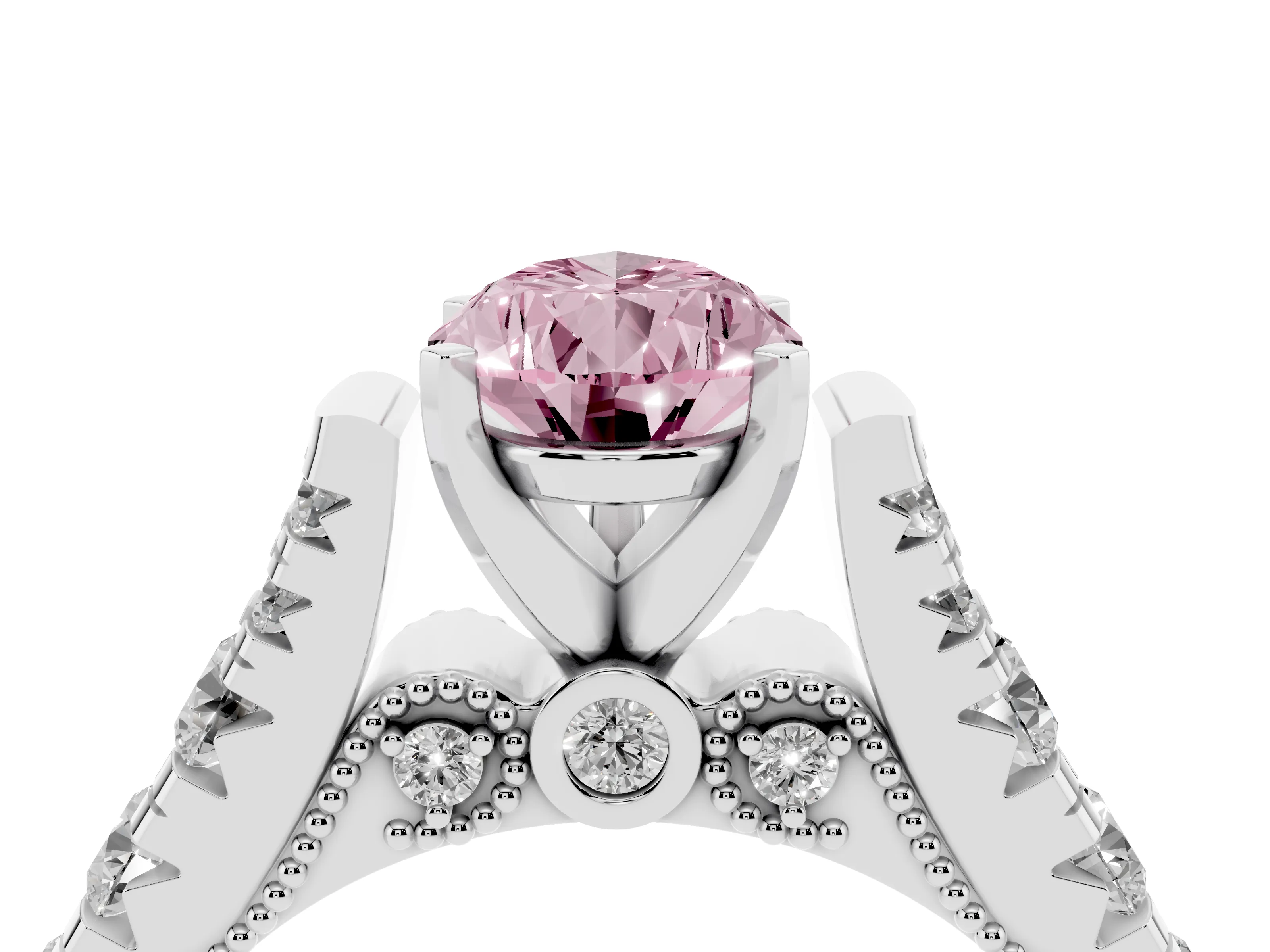 Fancy Pink Pear Cut Diamond Classic Solitaire Ring Set in Platinum with Pavé Band and Prong Setting