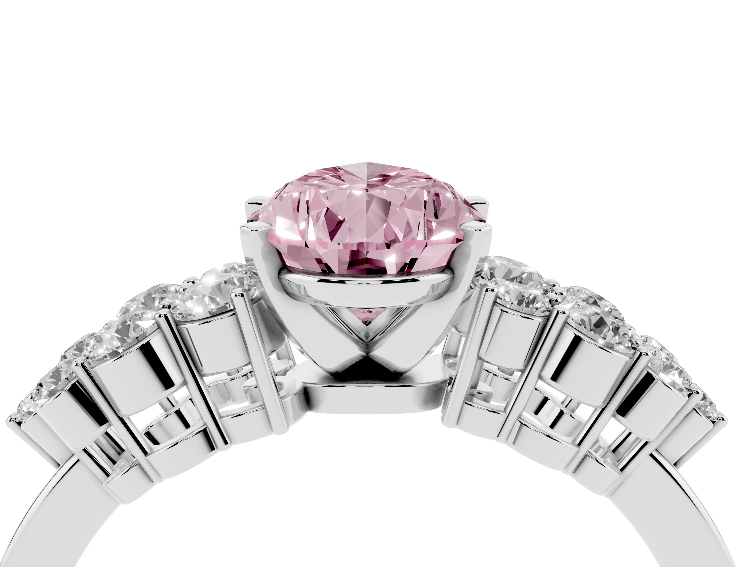 Fancy Pink Pear Cut Diamond Cluster Engagement Ring Set in Silver with Pavé Band and Prong Setting