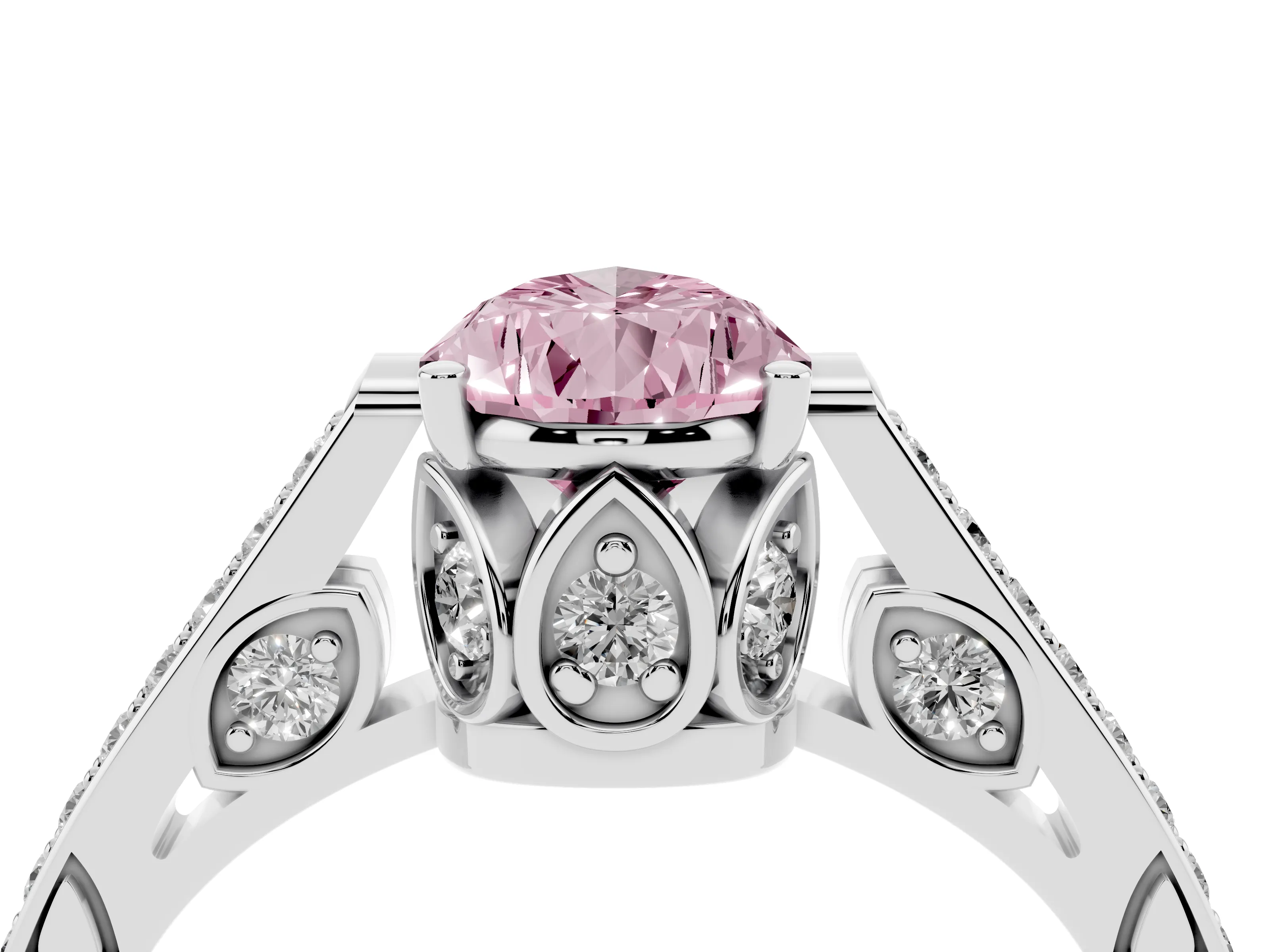 Fancy Pink Pear Cut Diamond Cathedral Pavé Engagement Ring Set in Silver with Prong Setting
