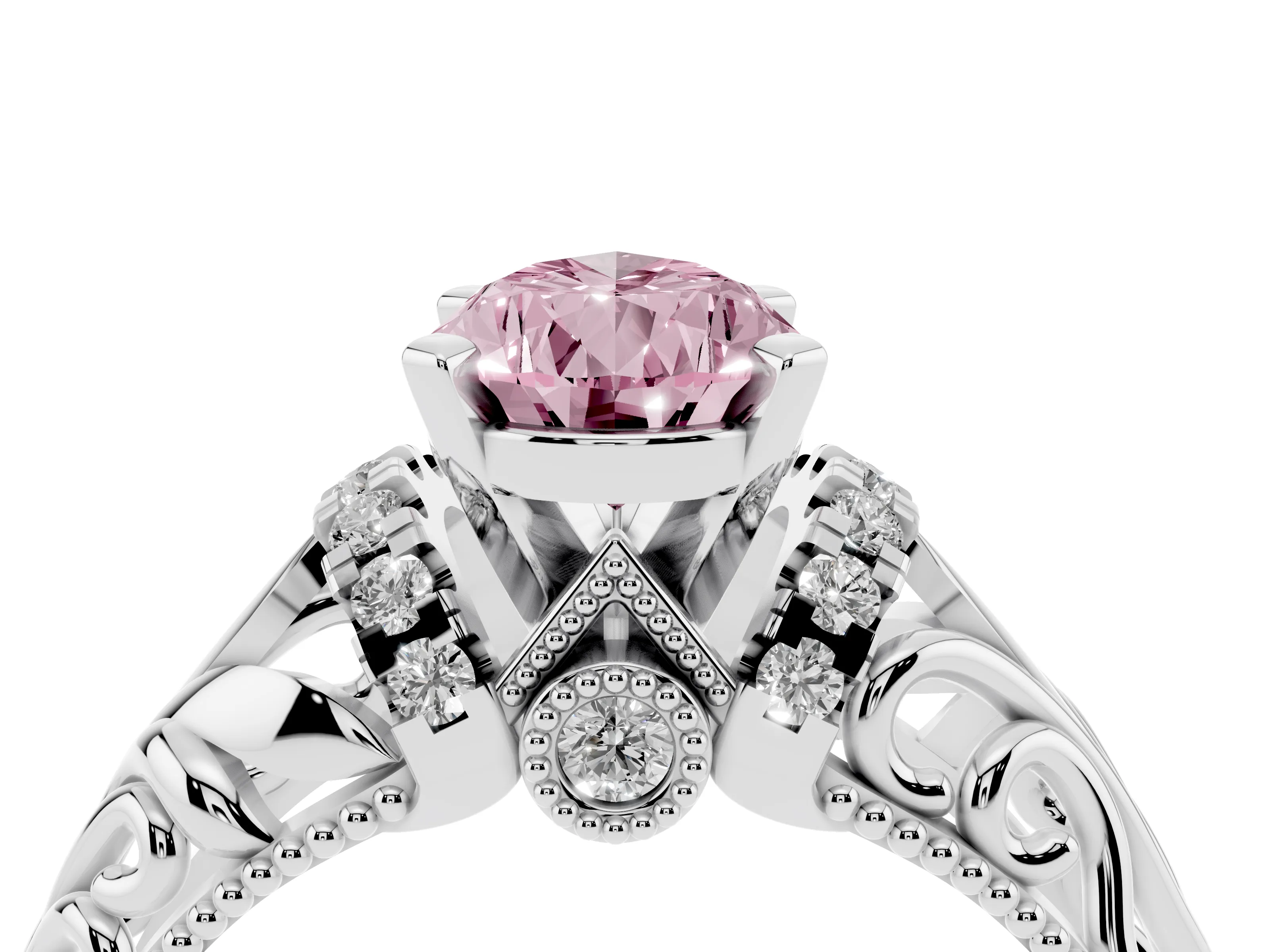 Fancy Pink Pear Cut Diamond Filigree Halo Engagement Ring Set in Silver with Prong Setting