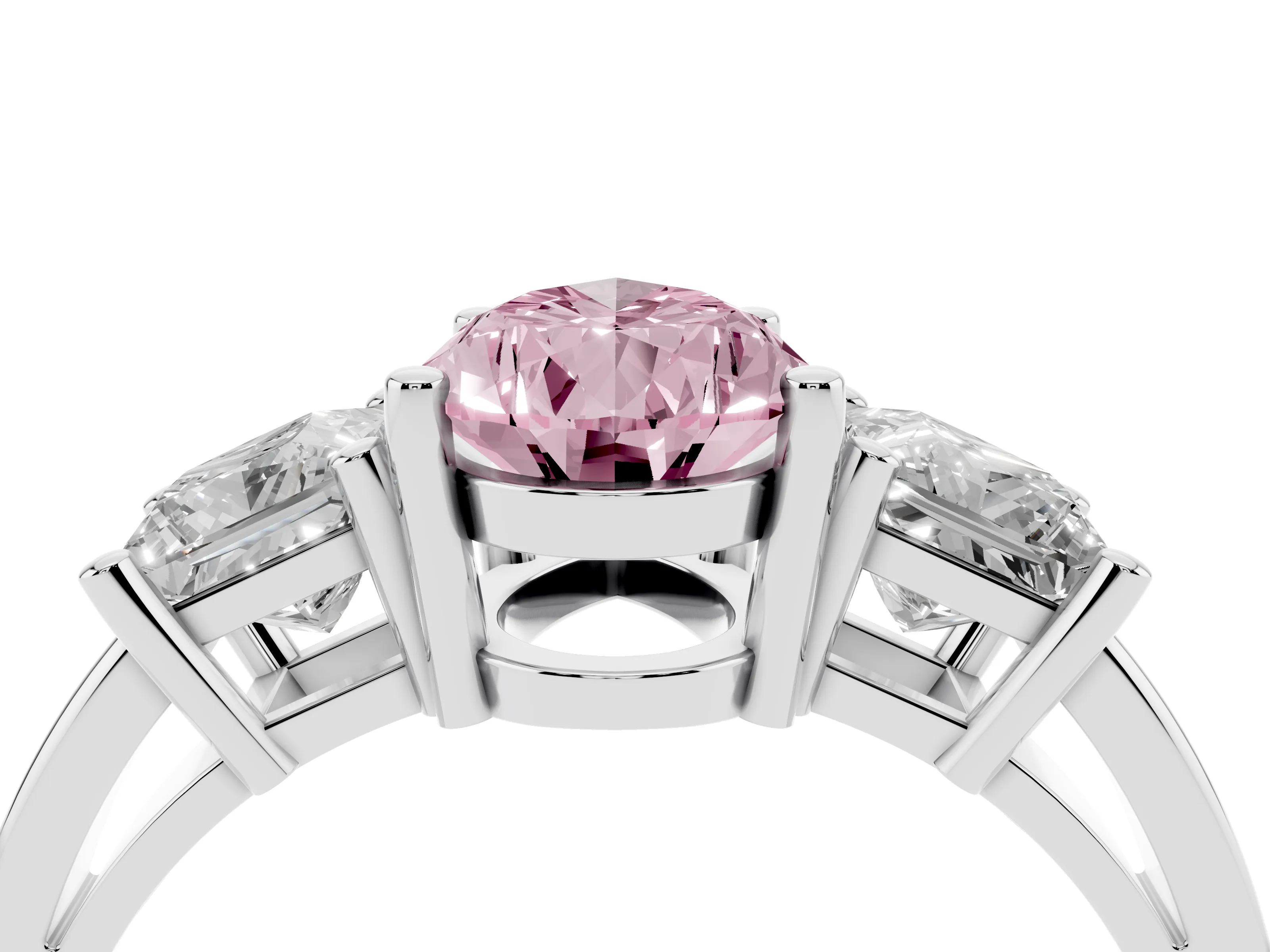 Fancy Pink Three-Stone Pear Cut Diamond Solitaire Ring Set in Platinum with Prong Setting