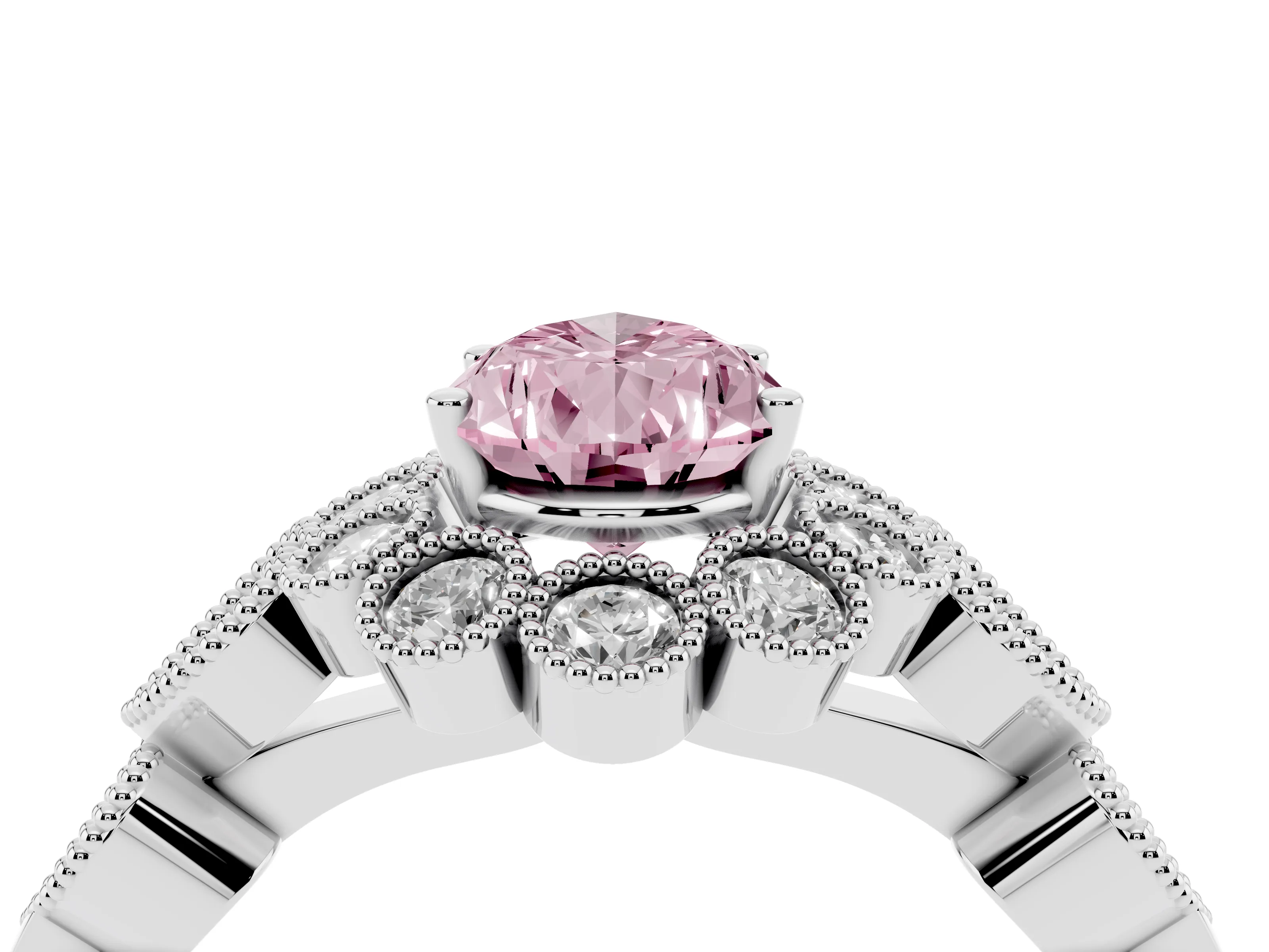 Fancy Pink Pear Cut Diamond Solitaire Ring Set in White gold with Milgrain Pavé Heart Band