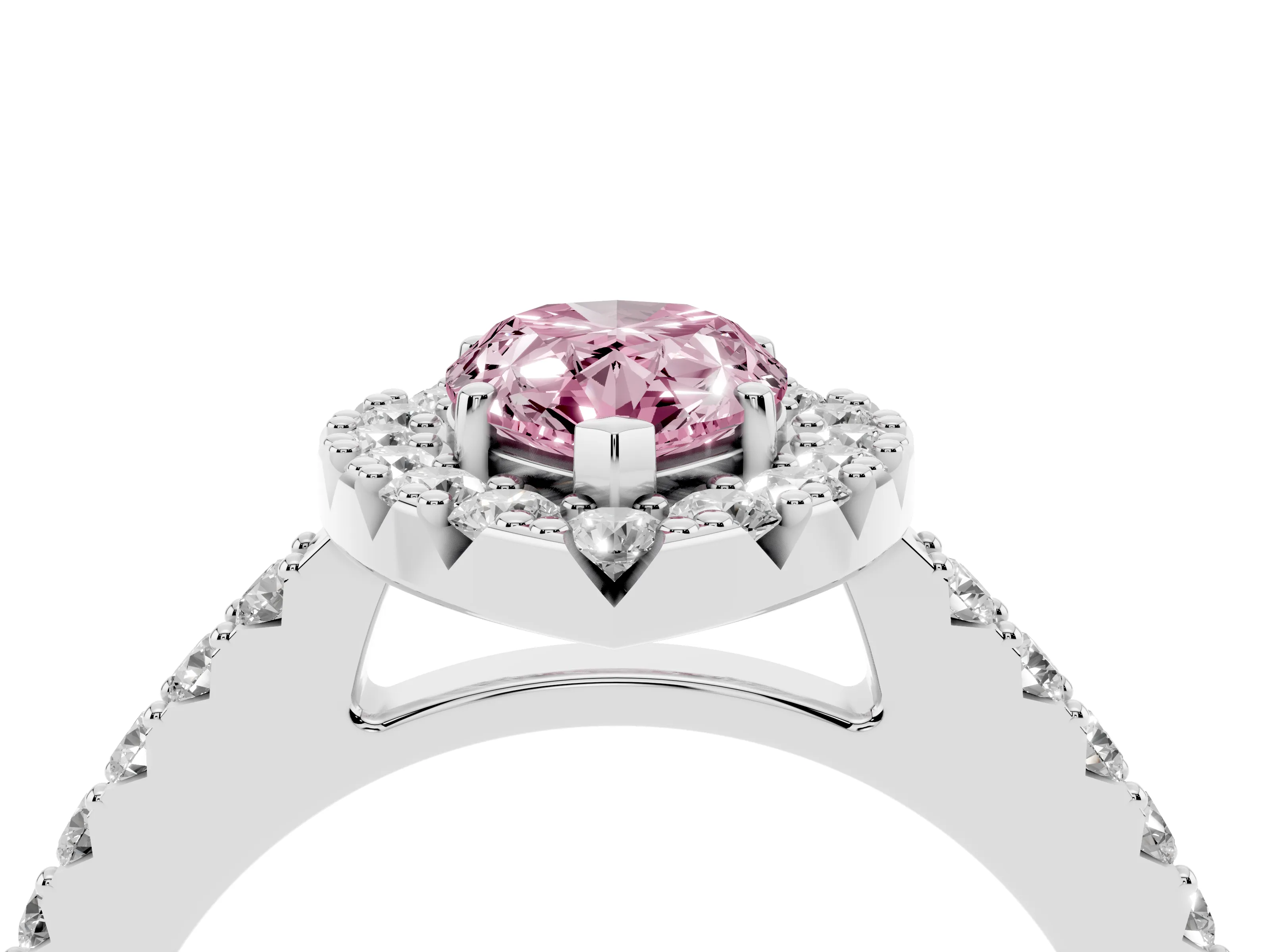 Fancy Pink Pear Cut Diamond Halo Pavé Solitaire Ring Set in Silver with Prong-Set Center Stone