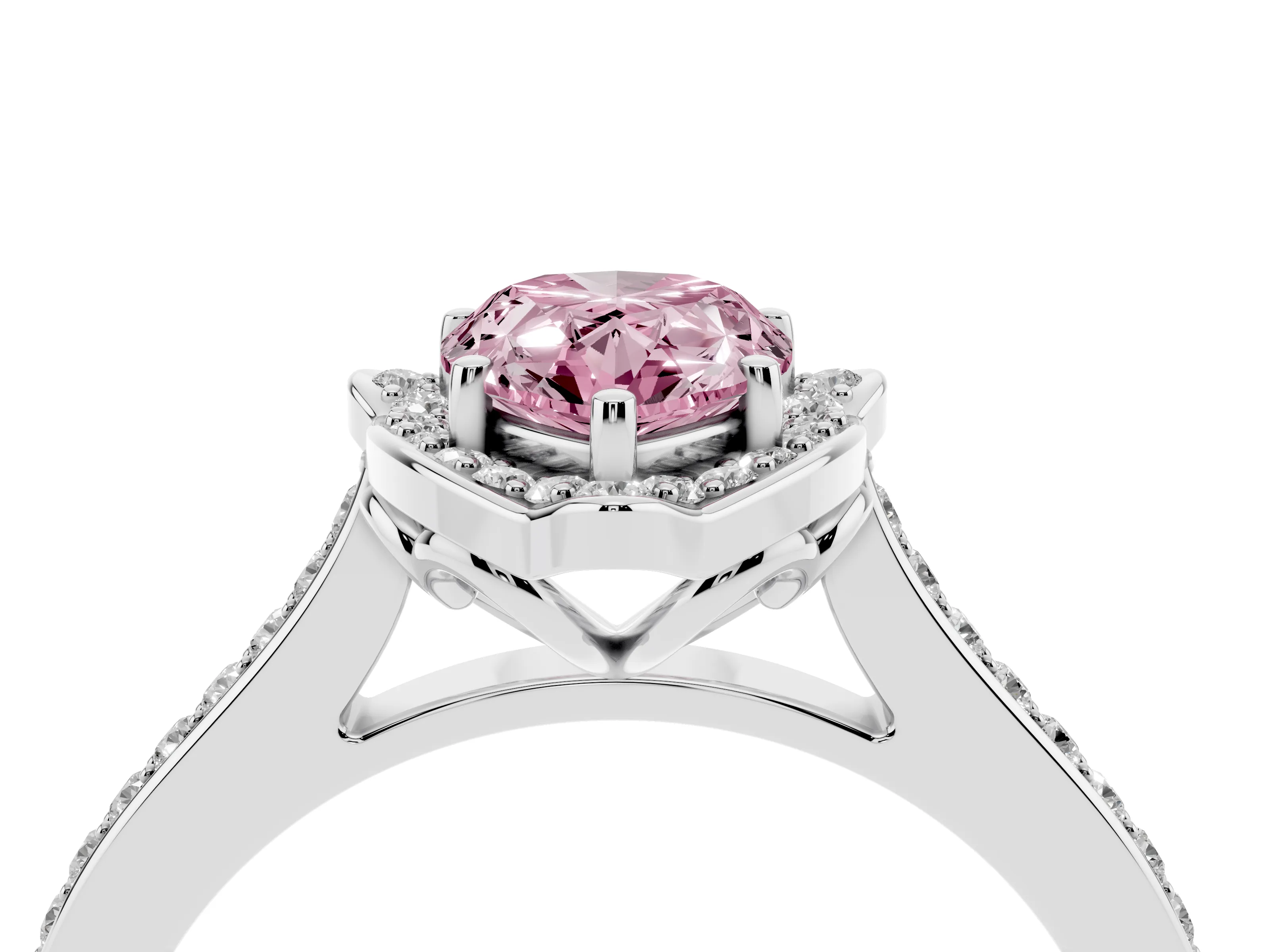 Fancy Pink Pear Cut Diamond Halo Ring Set in White gold with Pavé-Lined Shoulders and Prong Setting