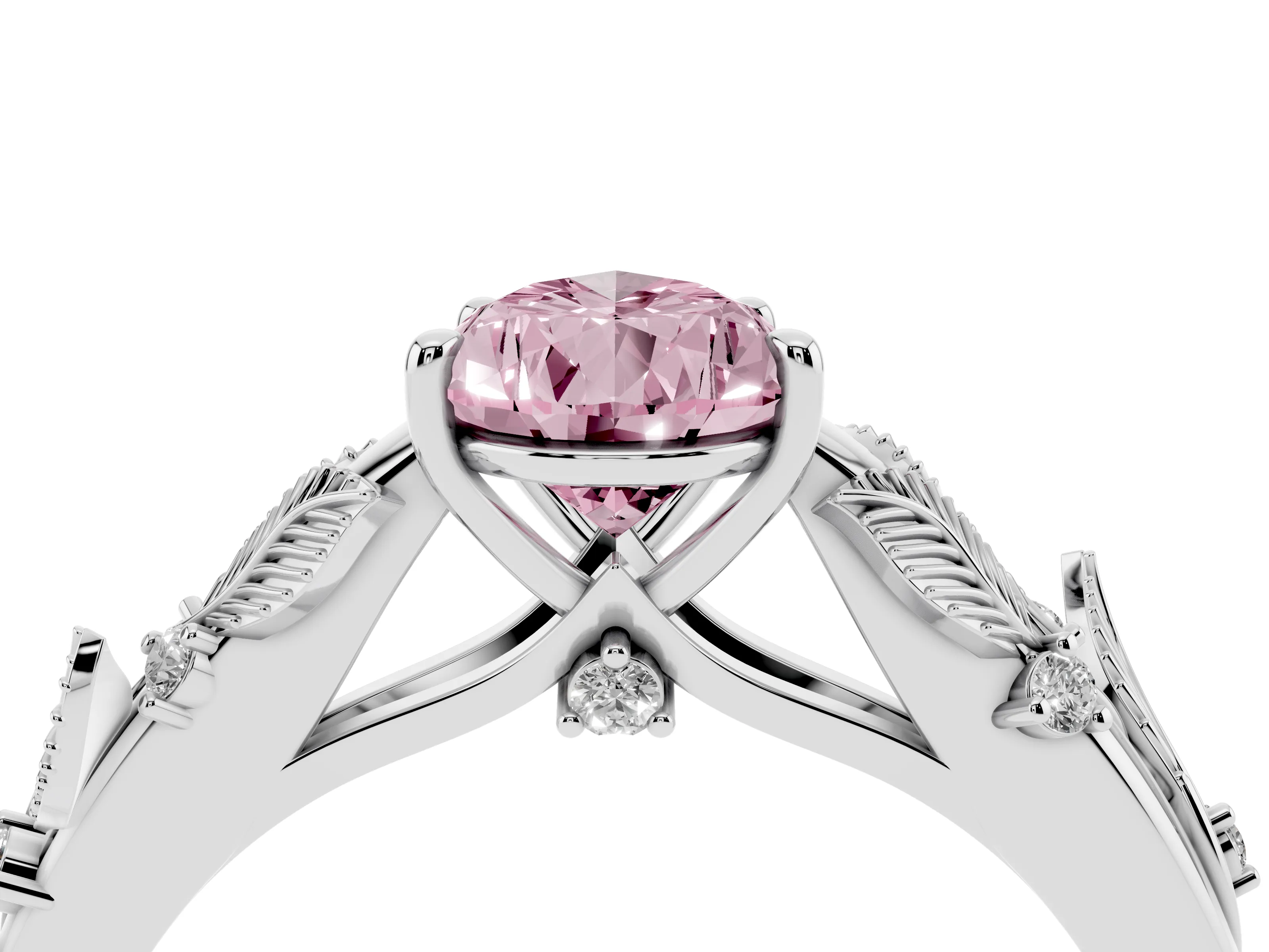 Fancy Pink Pear Cut Diamond Solitaire Ring Set in White gold with Leaf Motif Band