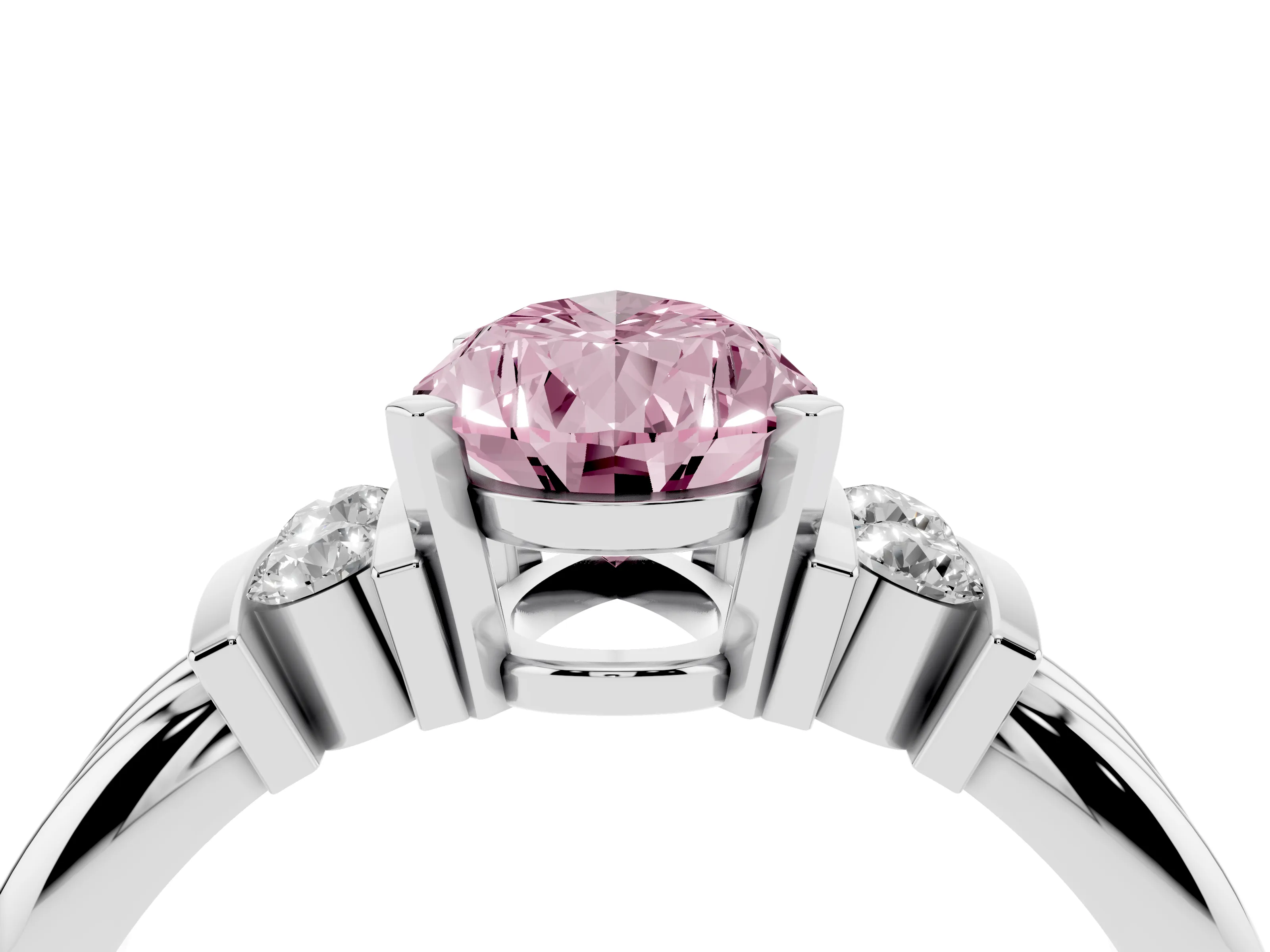 Fancy Pink Three-Stone Pear Cut Diamond Channel Set Ring Set in White gold with Bar Prongs