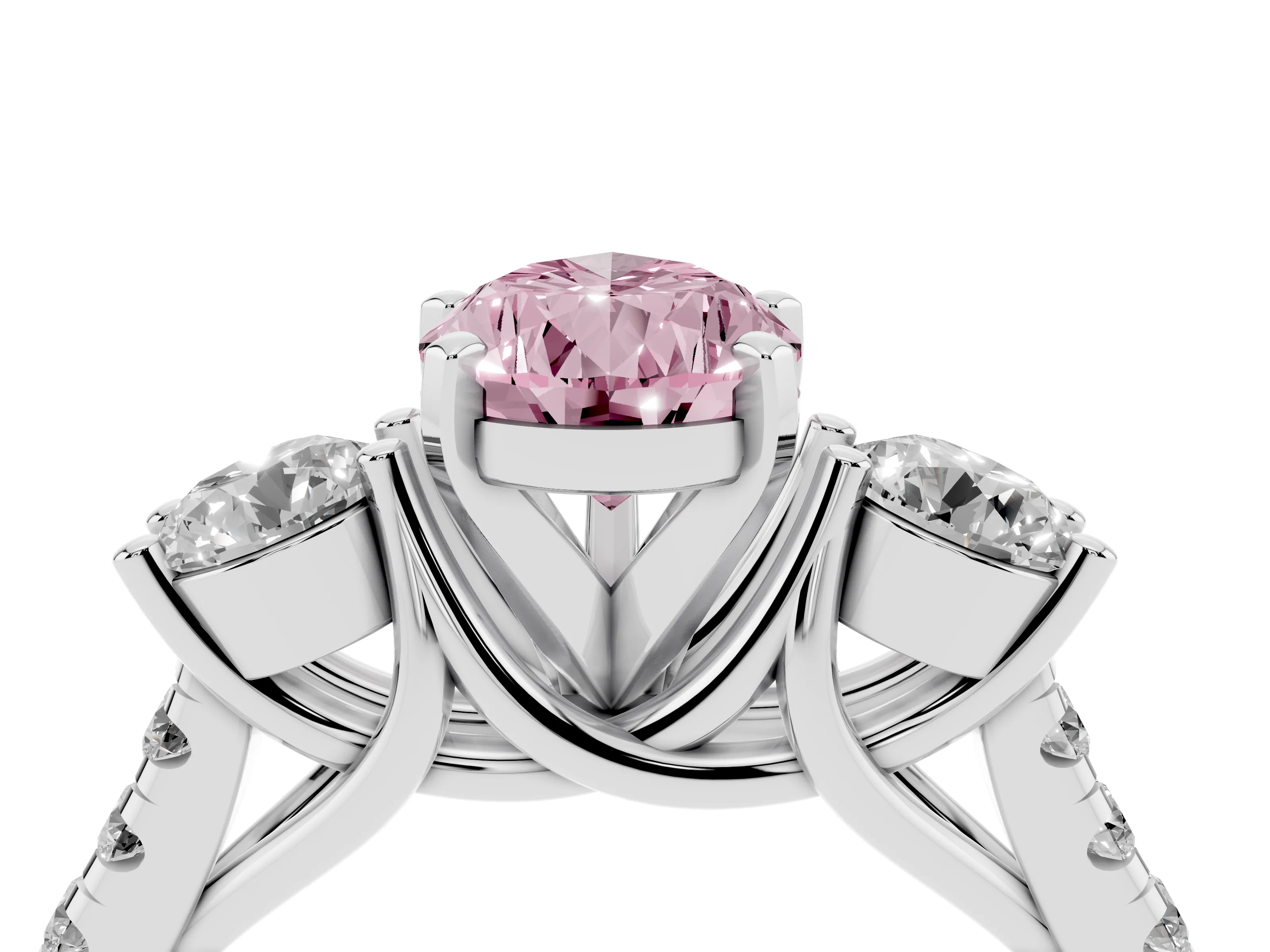 Fancy Pink Three-Stone Pear Cut Diamond Pavé Band Ring Set in Platinum with Prong-Set Trio