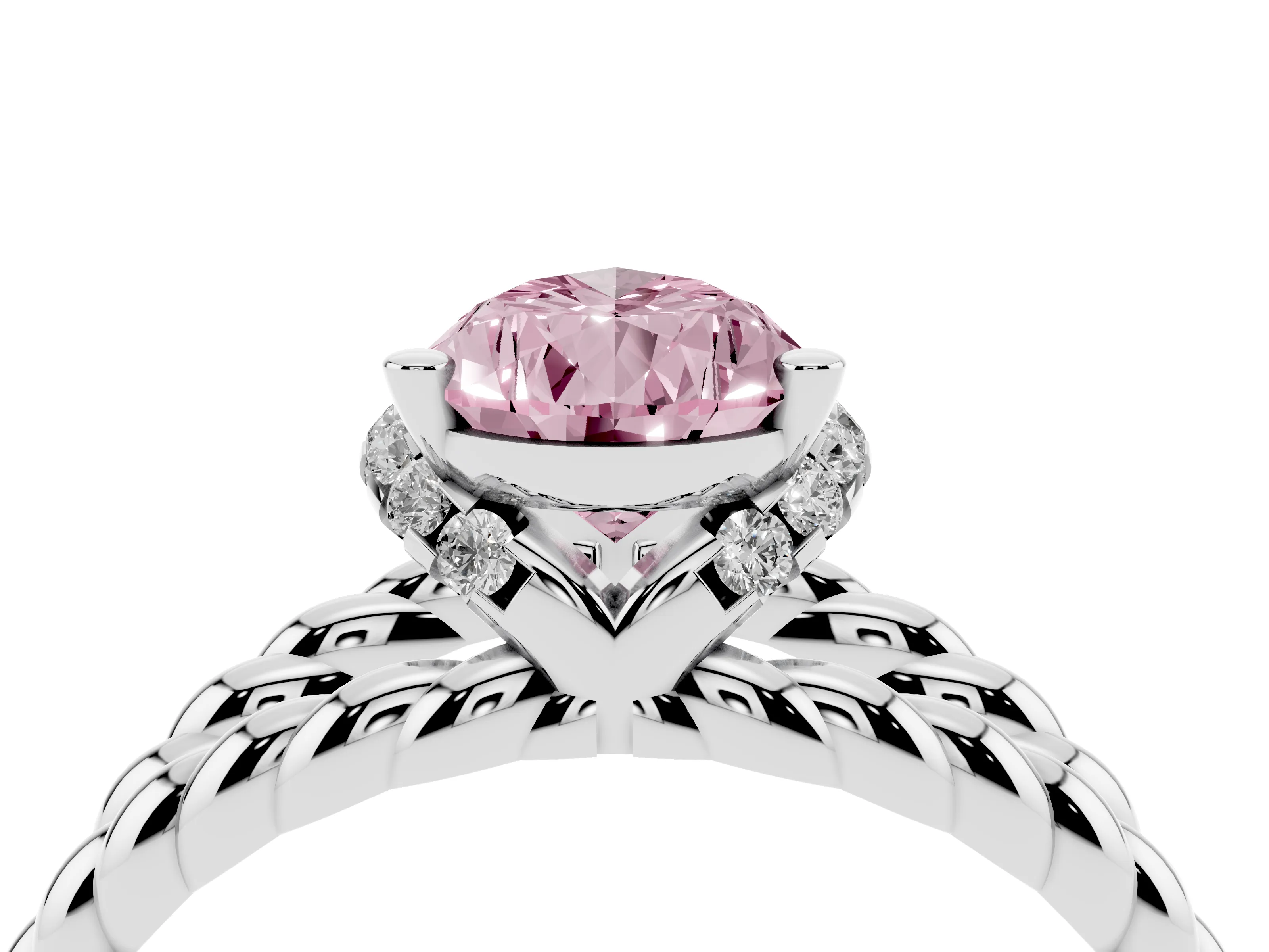 Fancy Pink Pear Cut Diamond Halo Ring Set in White gold with Twisted Band and Prong Setting