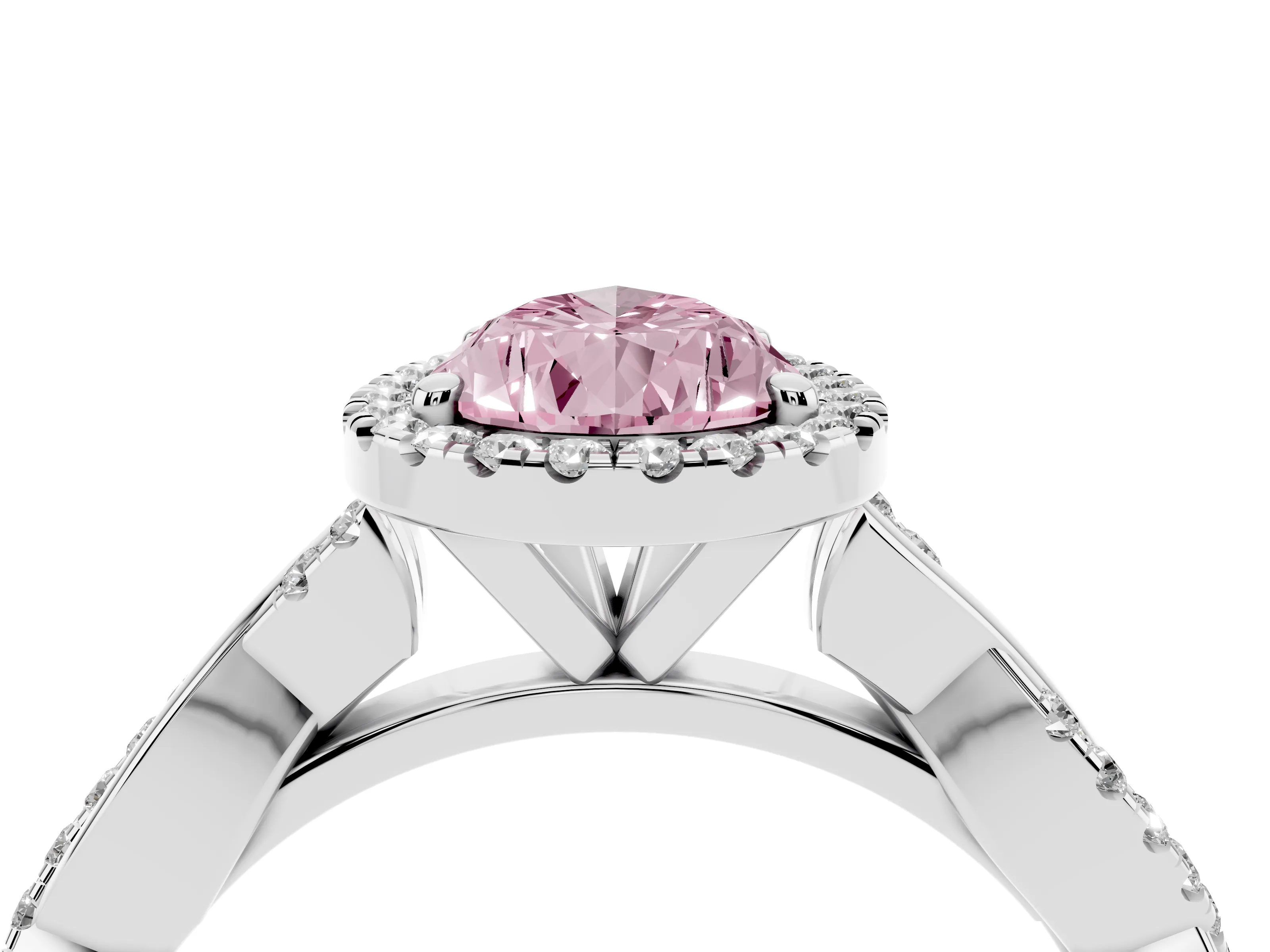 Fancy Pink Pear Cut Diamond Halo Twisted Band Ring Set in Platinum with Prong Setting