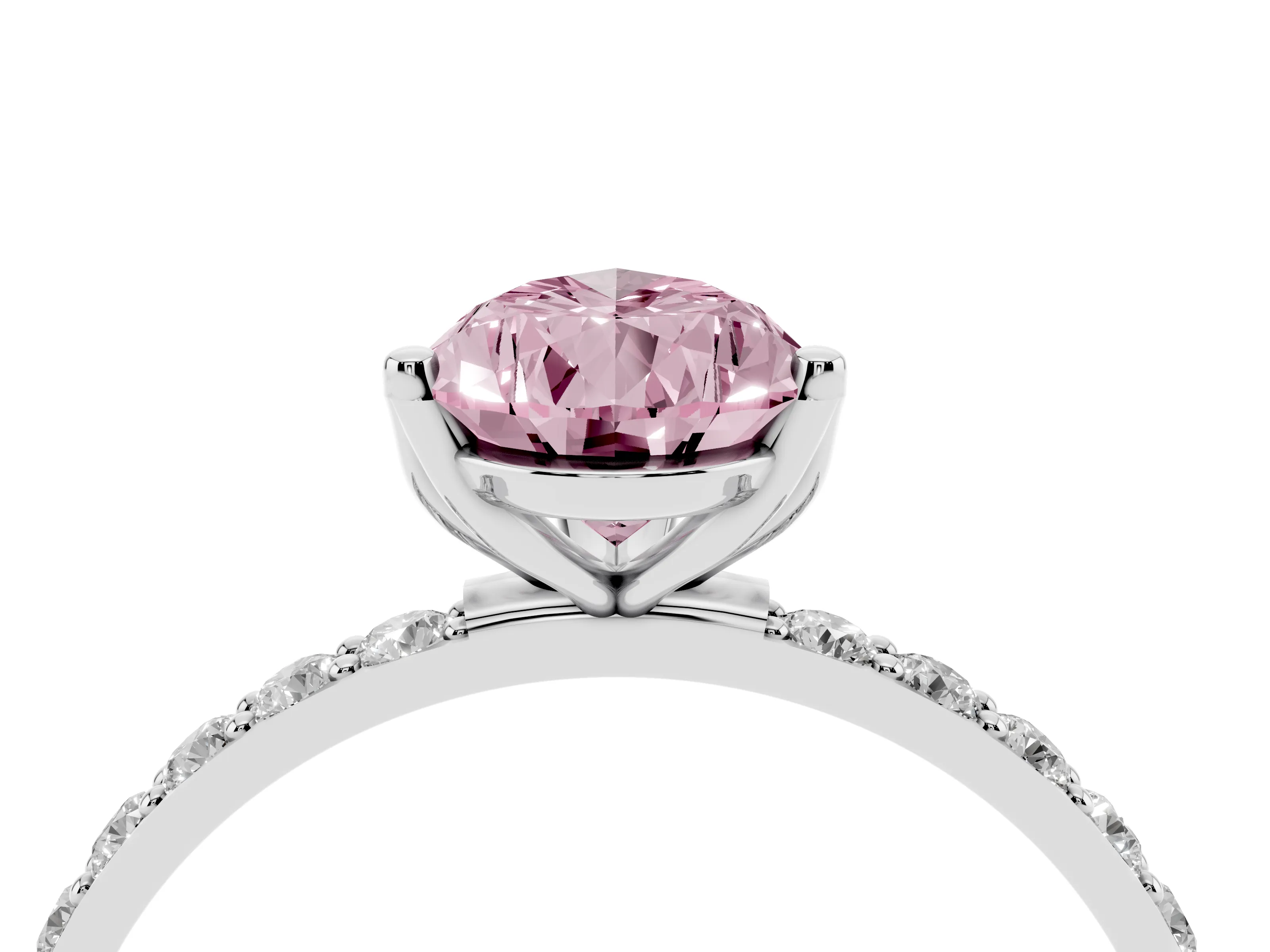 Fancy Pink Pear Cut Diamond Solitaire Engagement Ring Set in Silver with Round Pavé Band and Prong Setting