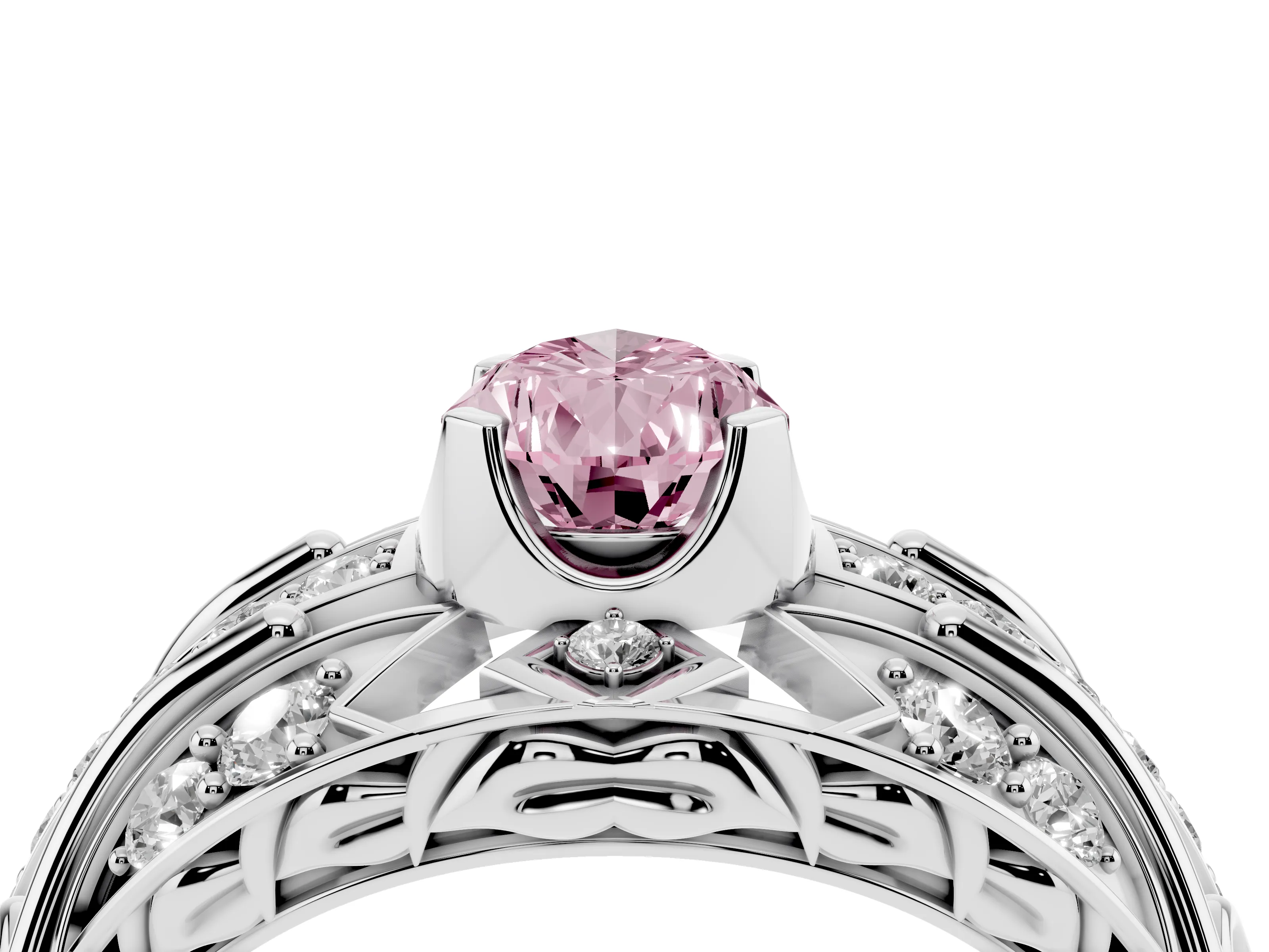 Fancy Pink Pear Cut Diamond Art Deco Ring Set in Platinum with Pavé Split Shank