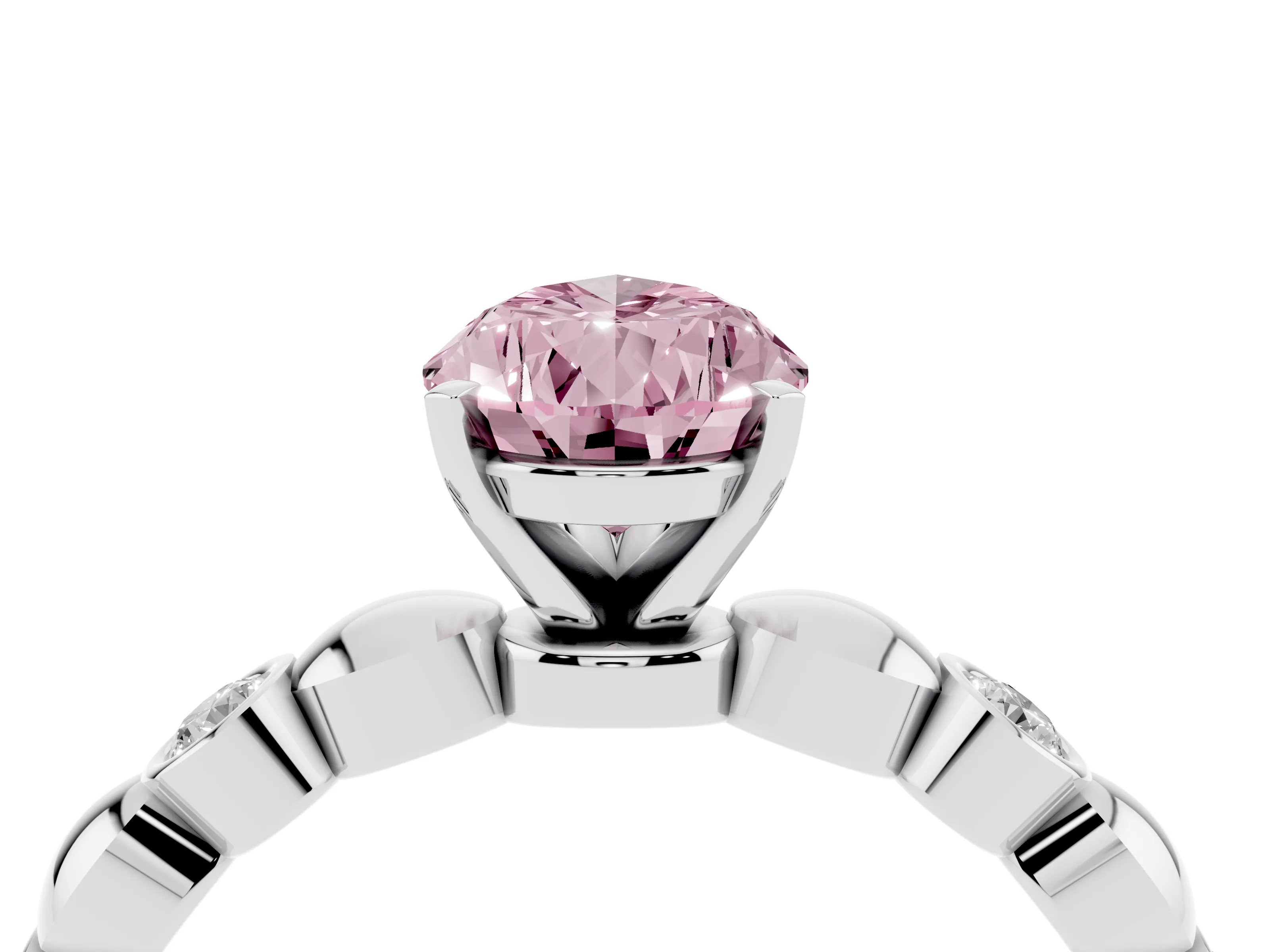 Fancy Pink Pear Cut Diamond Solitaire Ring Set in Silver with Bezel-Set Accents on Beaded Band and Prong Setting