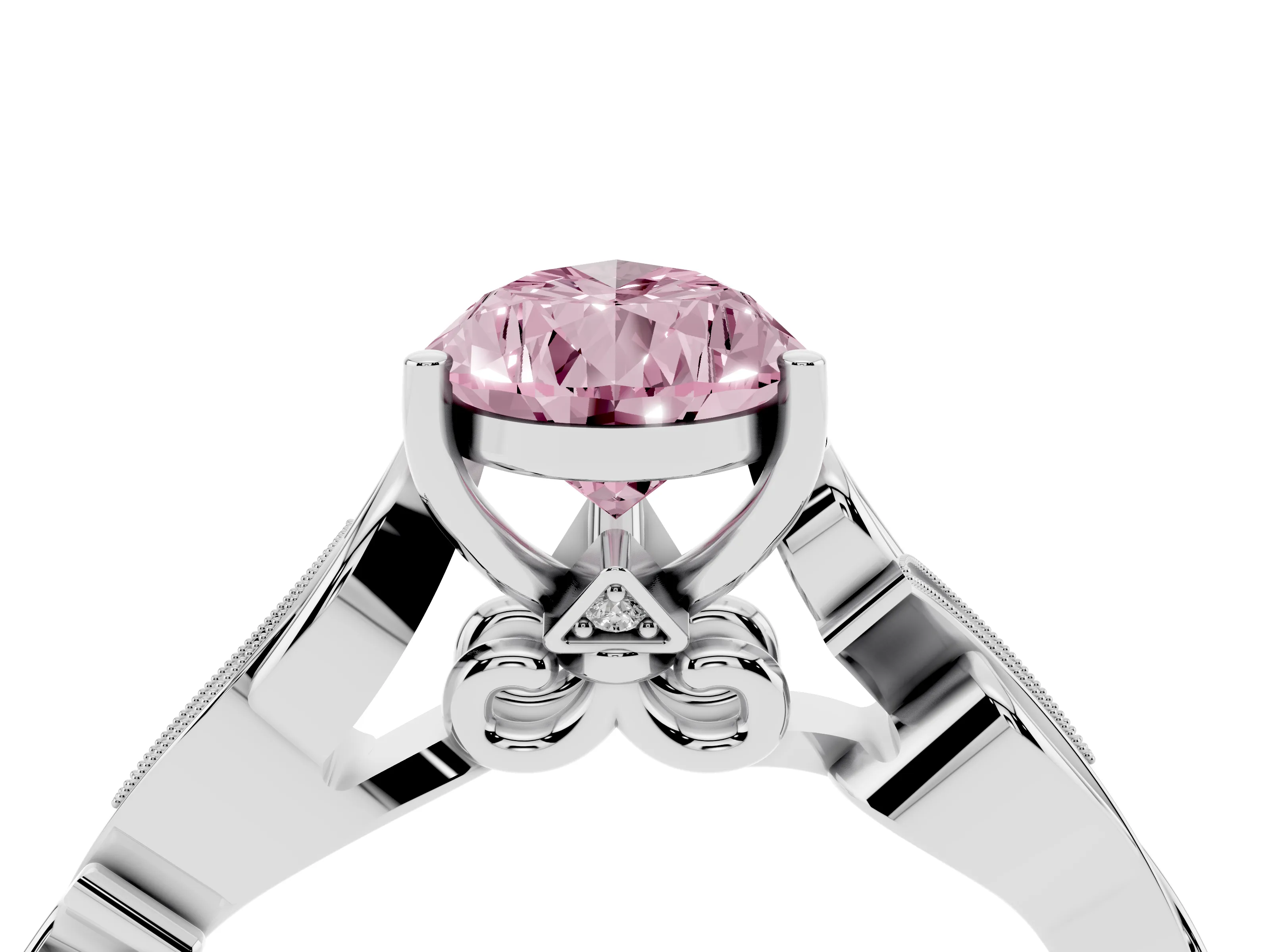 Fancy Pink Pear Cut Diamond Vine Band Solitaire Ring Set in White gold with Milgrain Prong Setting