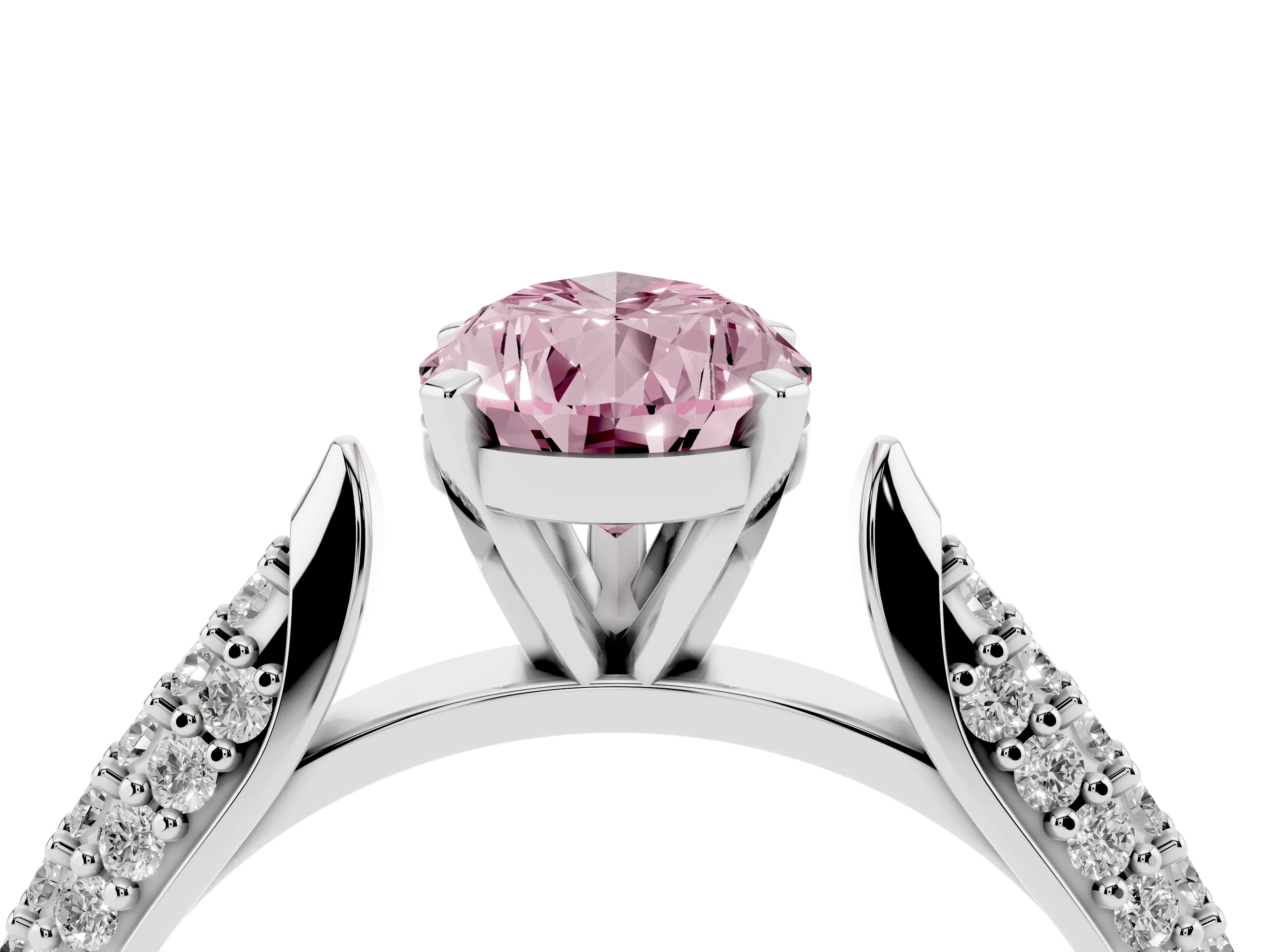 Fancy Pink Pear Cut Diamond Solitaire Engagement Ring Set in White gold with Multi-Row Round Pavé Band and Prong Setting