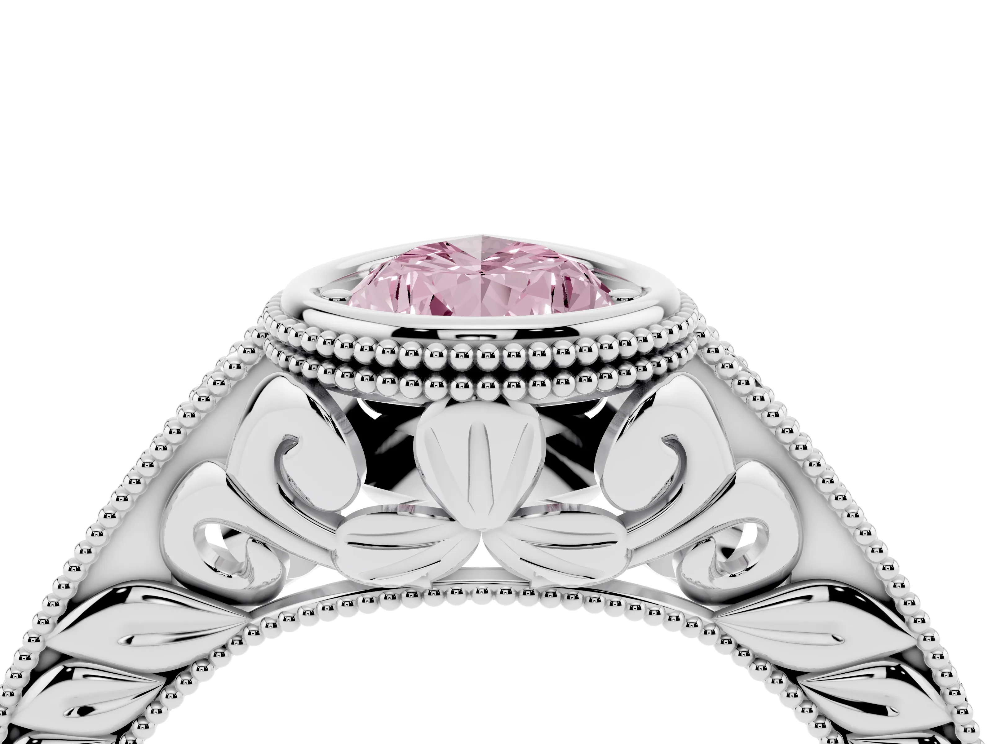 Fancy Pink Bezel Set Pear Cut Diamond Milgrain Pavé Engagement Ring Set in Silver