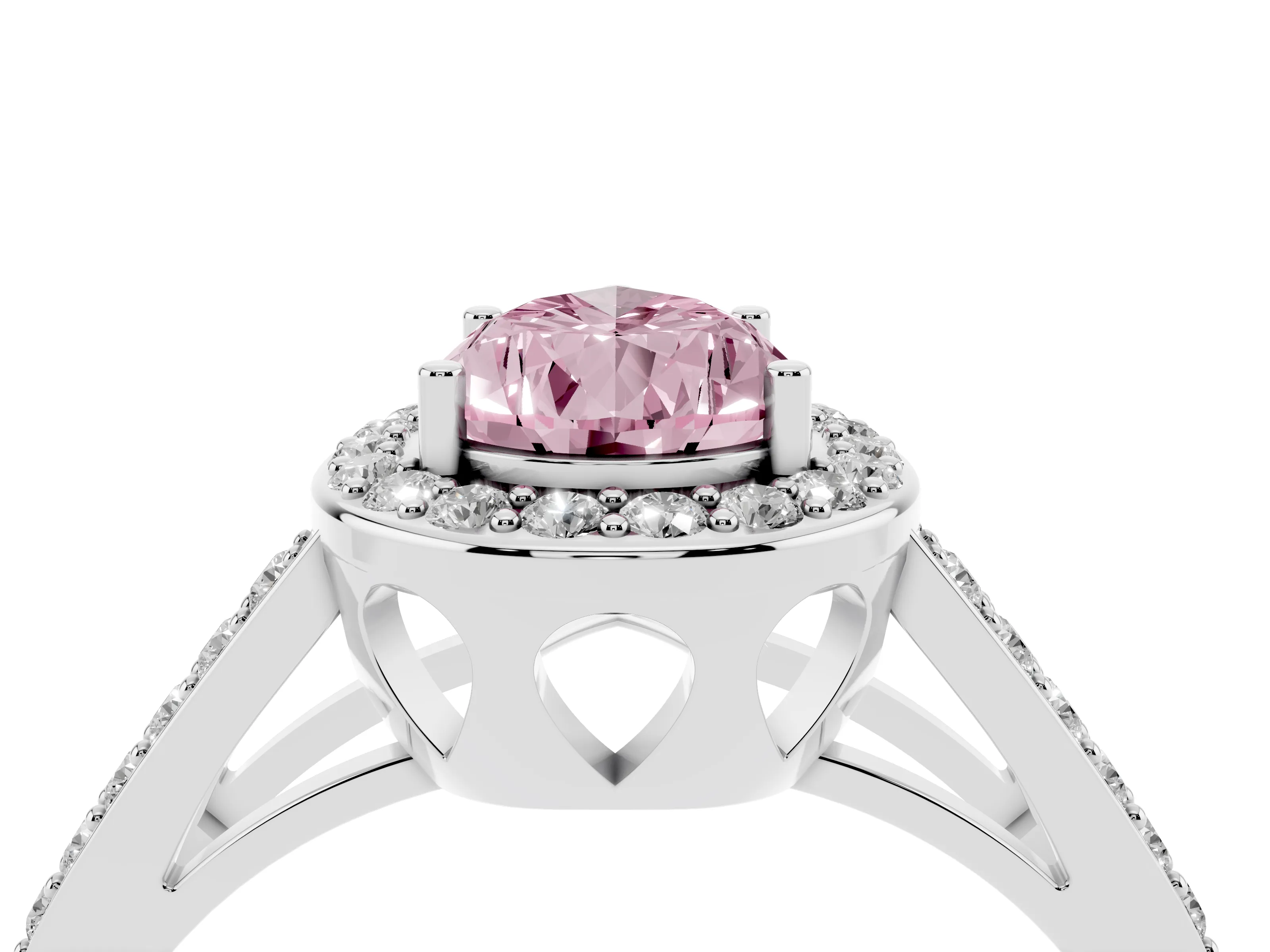 Fancy Pink Pear Cut Diamond Halo Ring Set in Silver with U-Prong Split Shank and Prong Setting