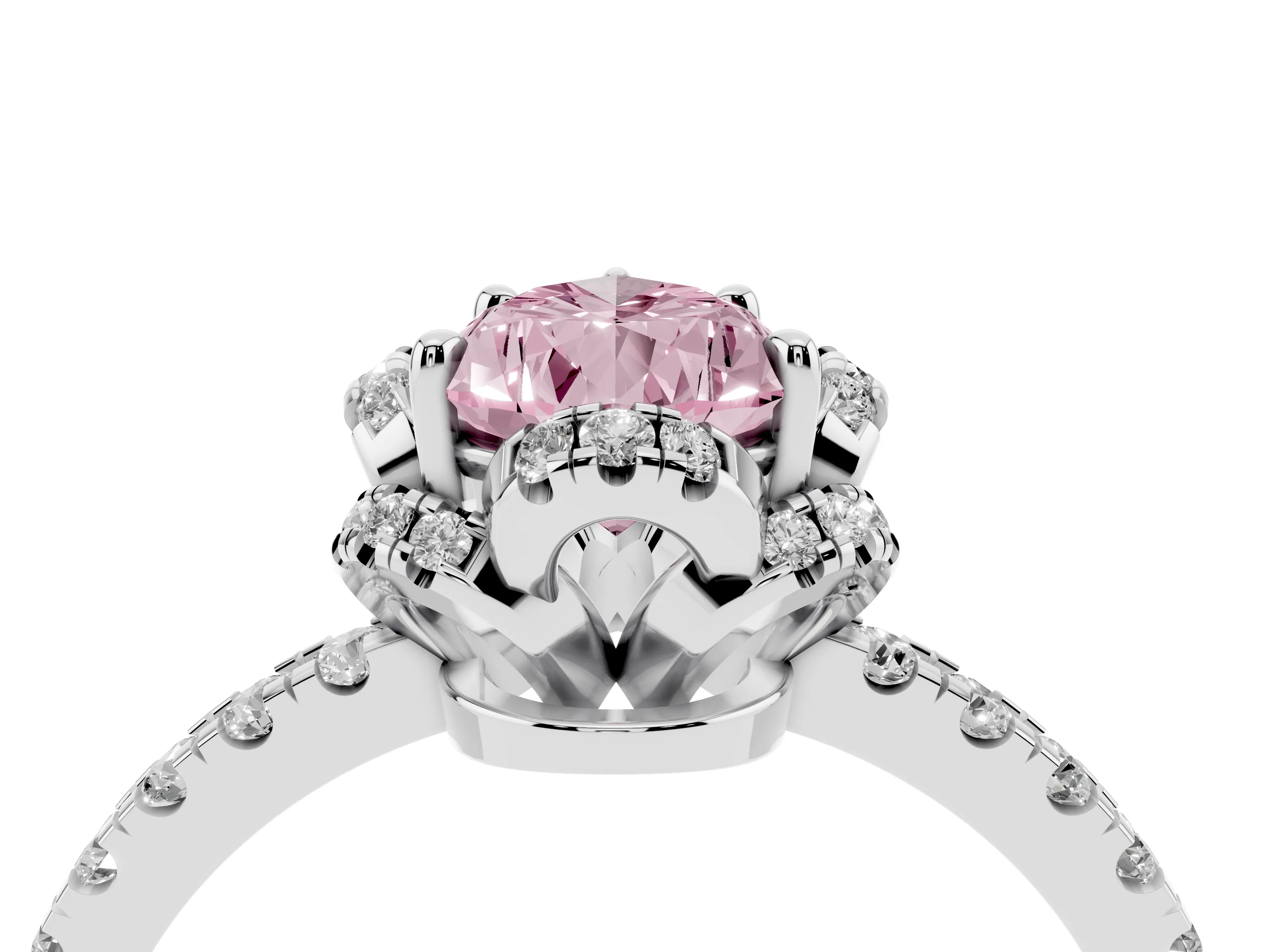 Fancy Pink Pear Cut Diamond Halo Pavé Band Ring Set in Platinum with Prong-Held Center