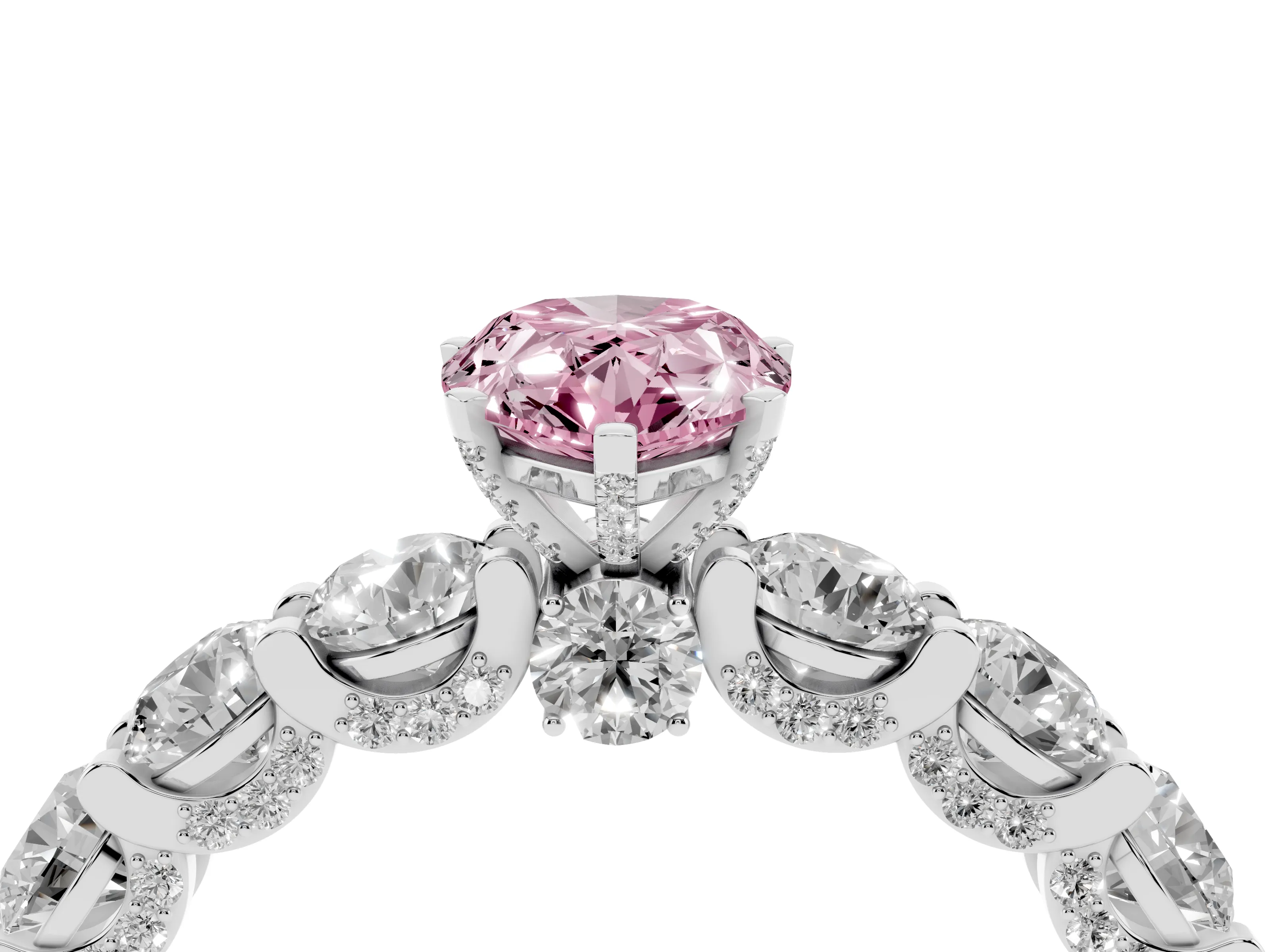 Fancy Pink Pear Cut Diamond Side Stone Ring Set in Silver with Alternating Round and Oval Side Stones