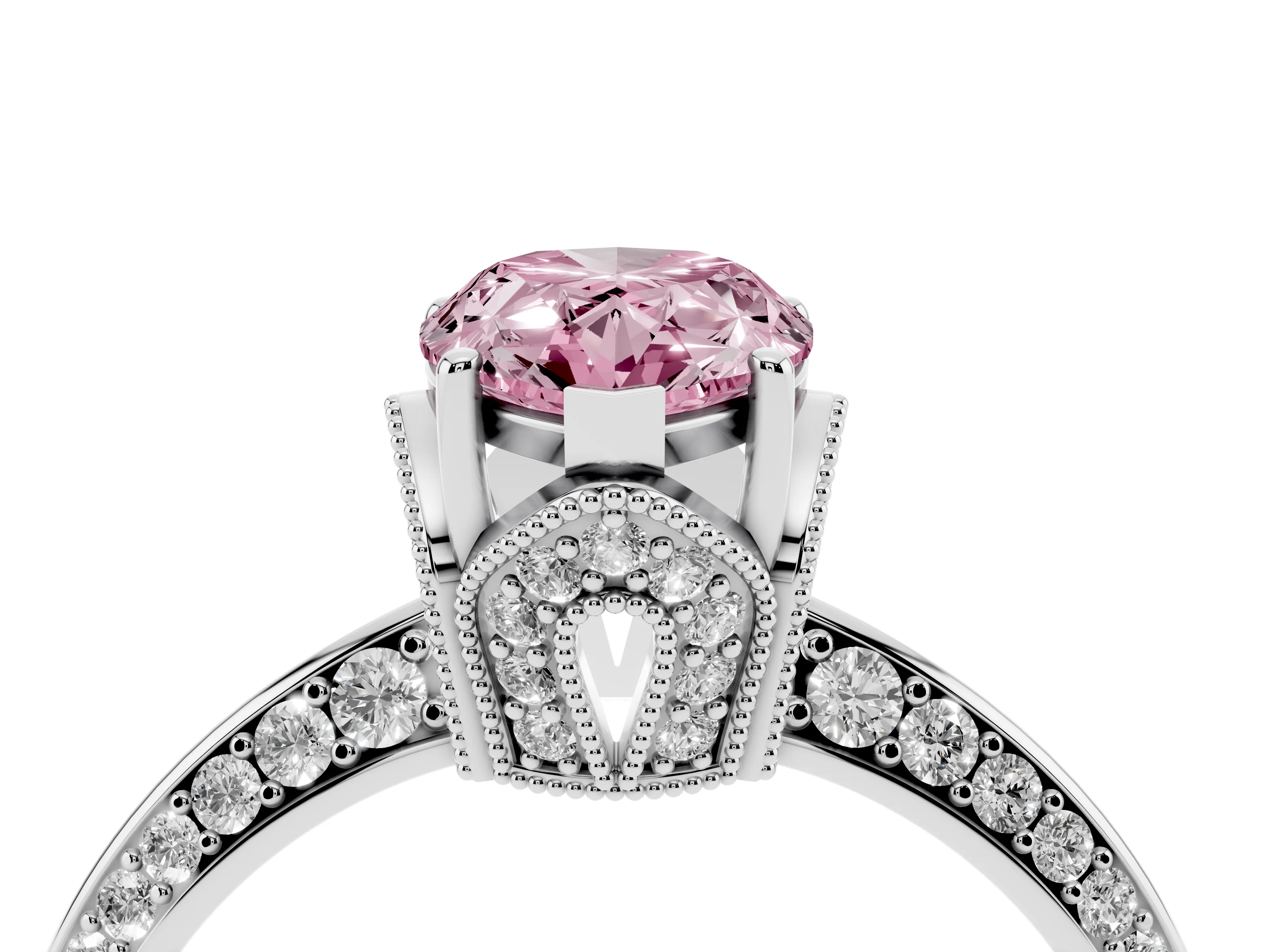 Fancy Pink Pear Cut Diamond Solitaire Engagement Ring Set in Platinum with Pavé Split Shank and Prong Setting