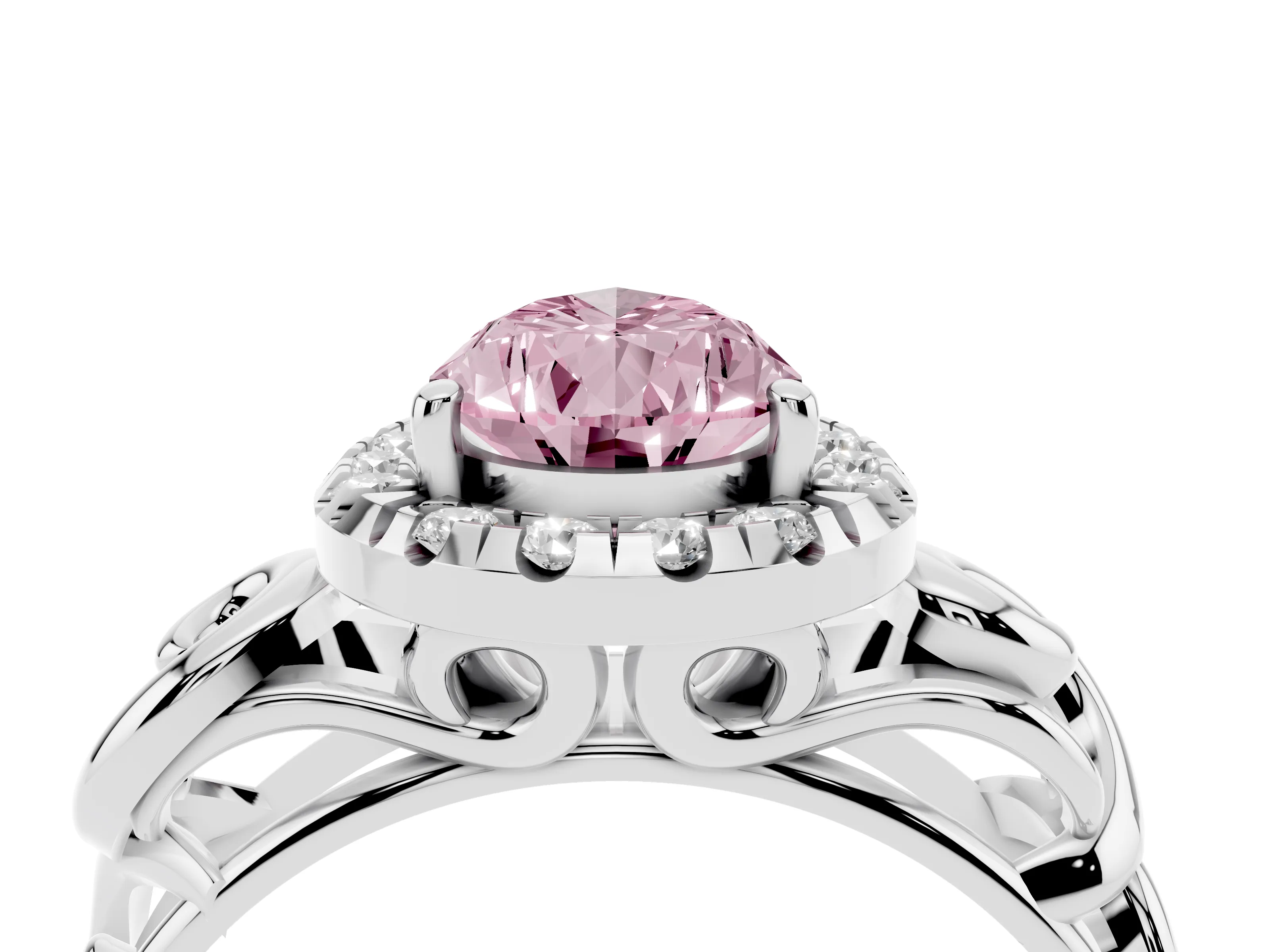 Fancy Pink Pear Cut Diamond Halo Ring Set in Platinum with Scrollwork Band and Prong Setting