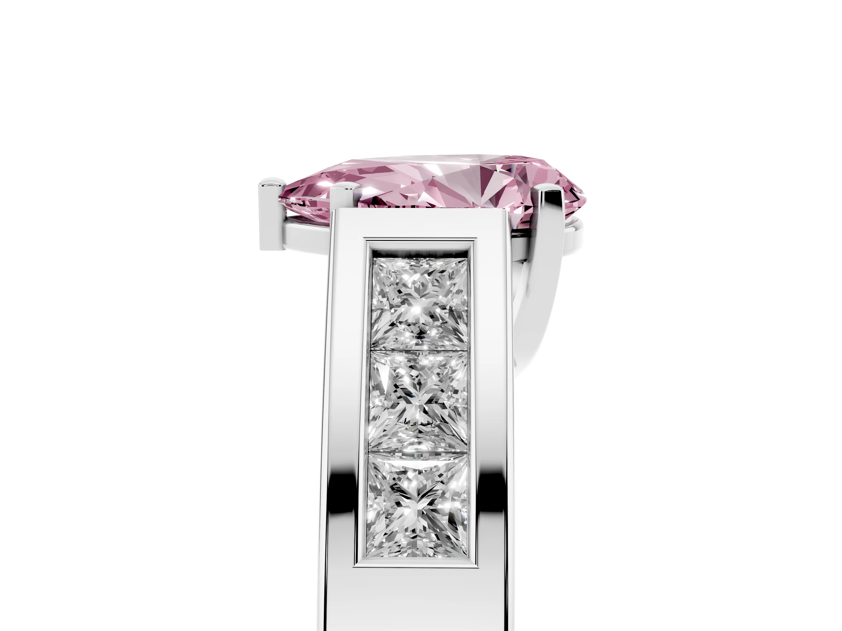 Fancy Pink Pear Cut Diamond Solitaire Ring Set in White gold with Channel-Set Accent Stones and Prong Setting