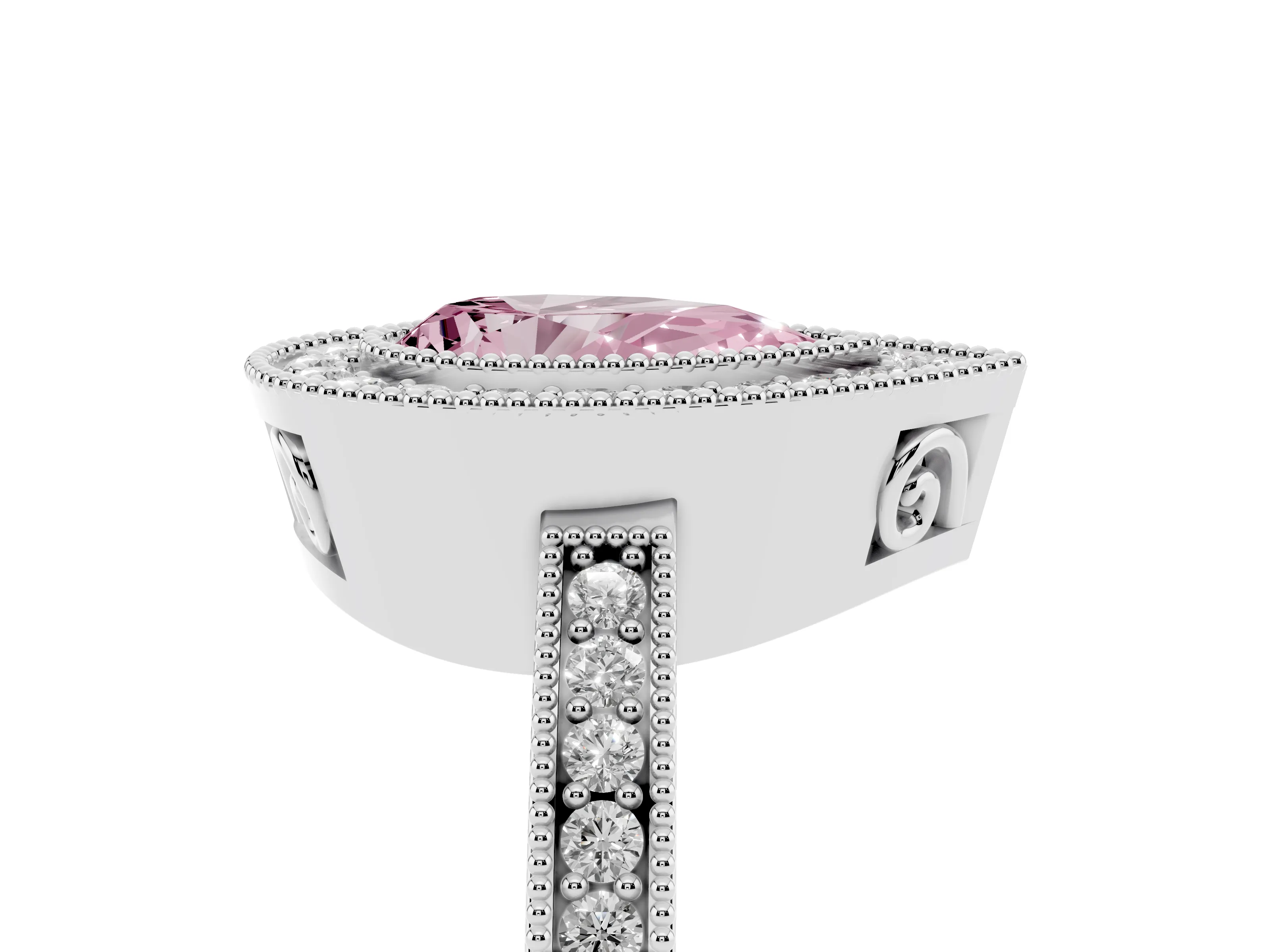Fancy Pink Pear Cut Diamond Round Halo Ring Set in White gold with Pavé Band