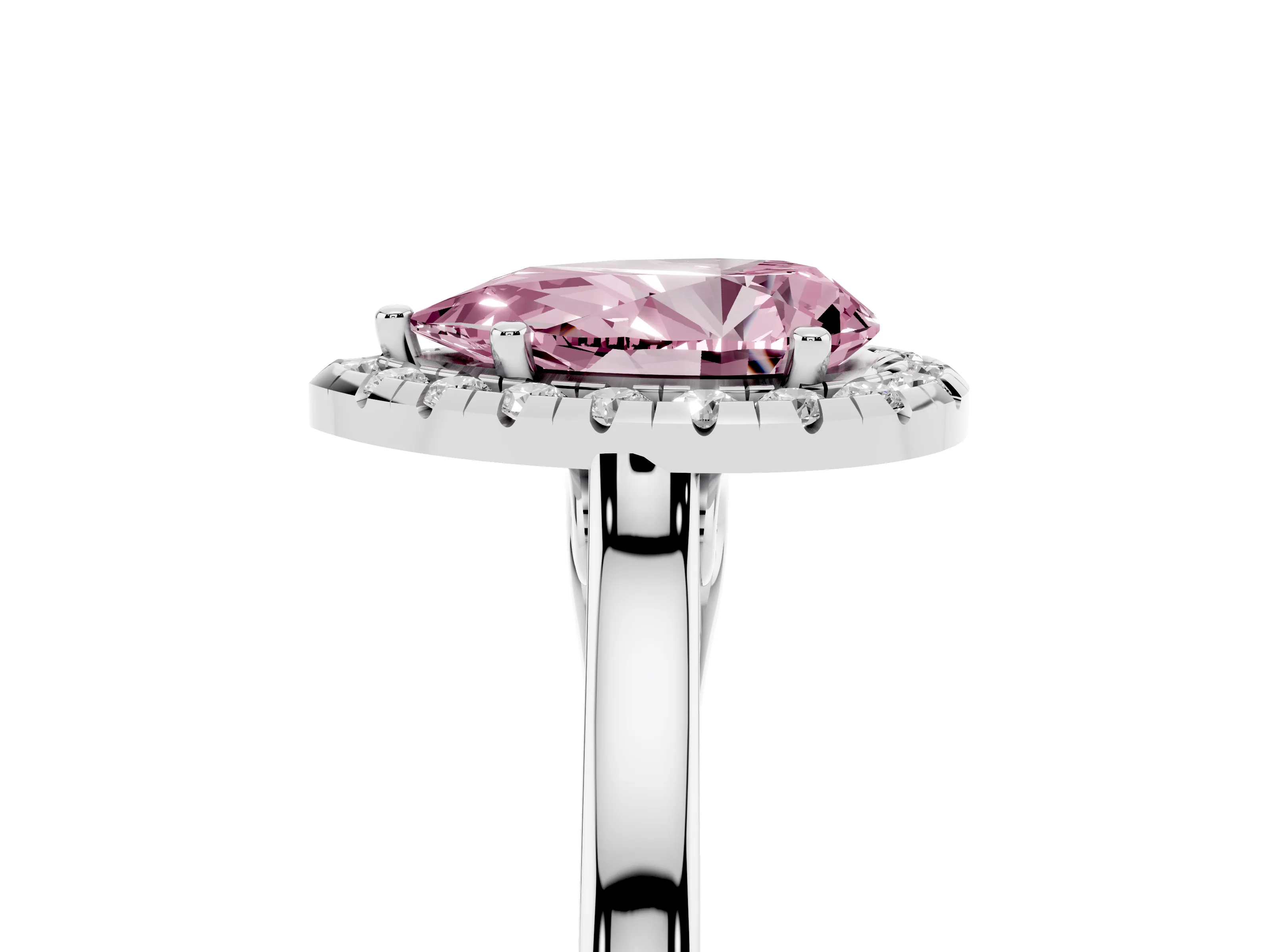 Fancy Pink Pear Cut Halo Round Diamond Solitaire Ring Set in Platinum with Pavé Band and Prong Setting