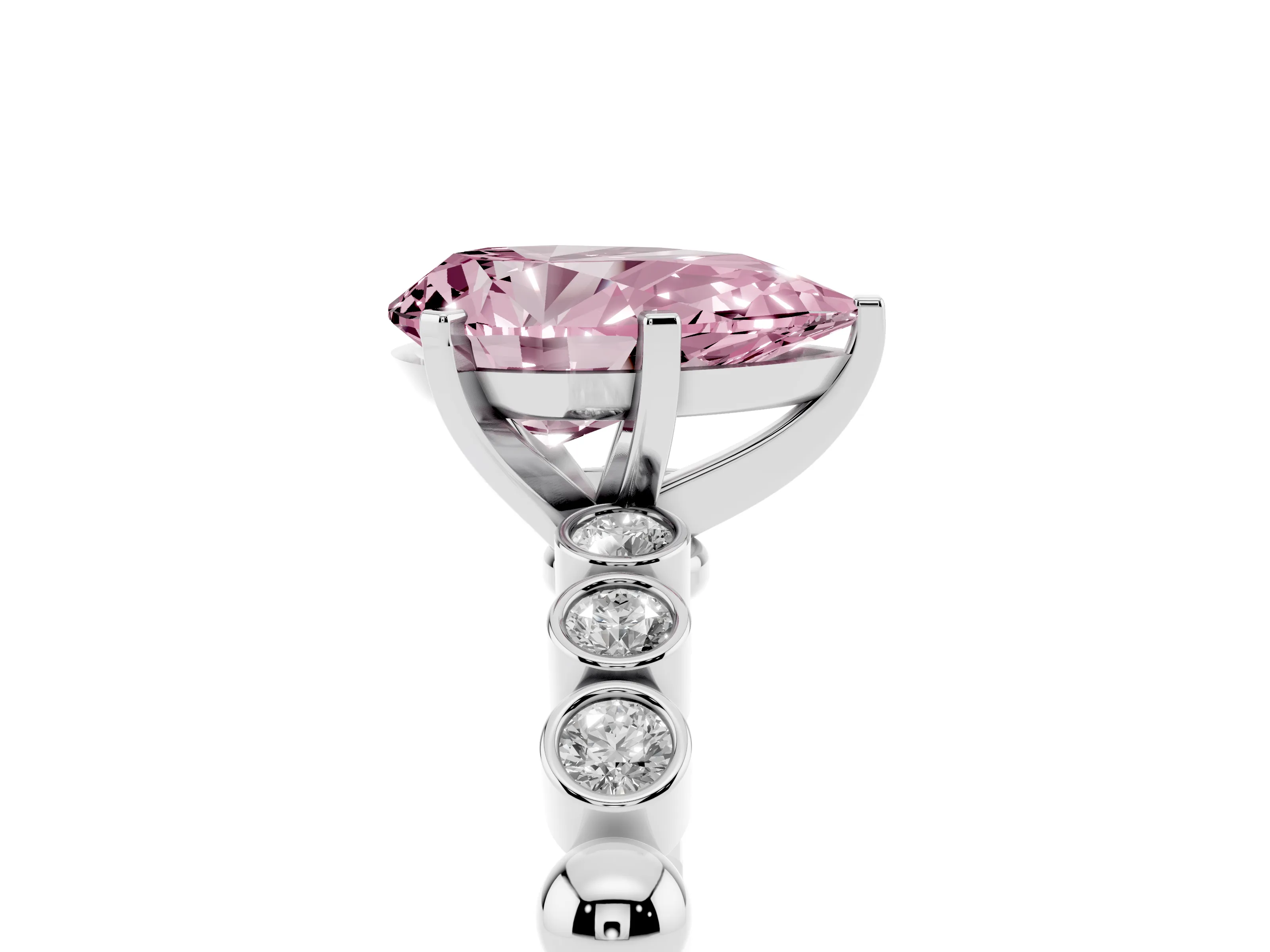 Fancy Pink Pear Cut Diamond Solitaire Engagement Ring Set in Silver with Bezel Accents on Beaded Band