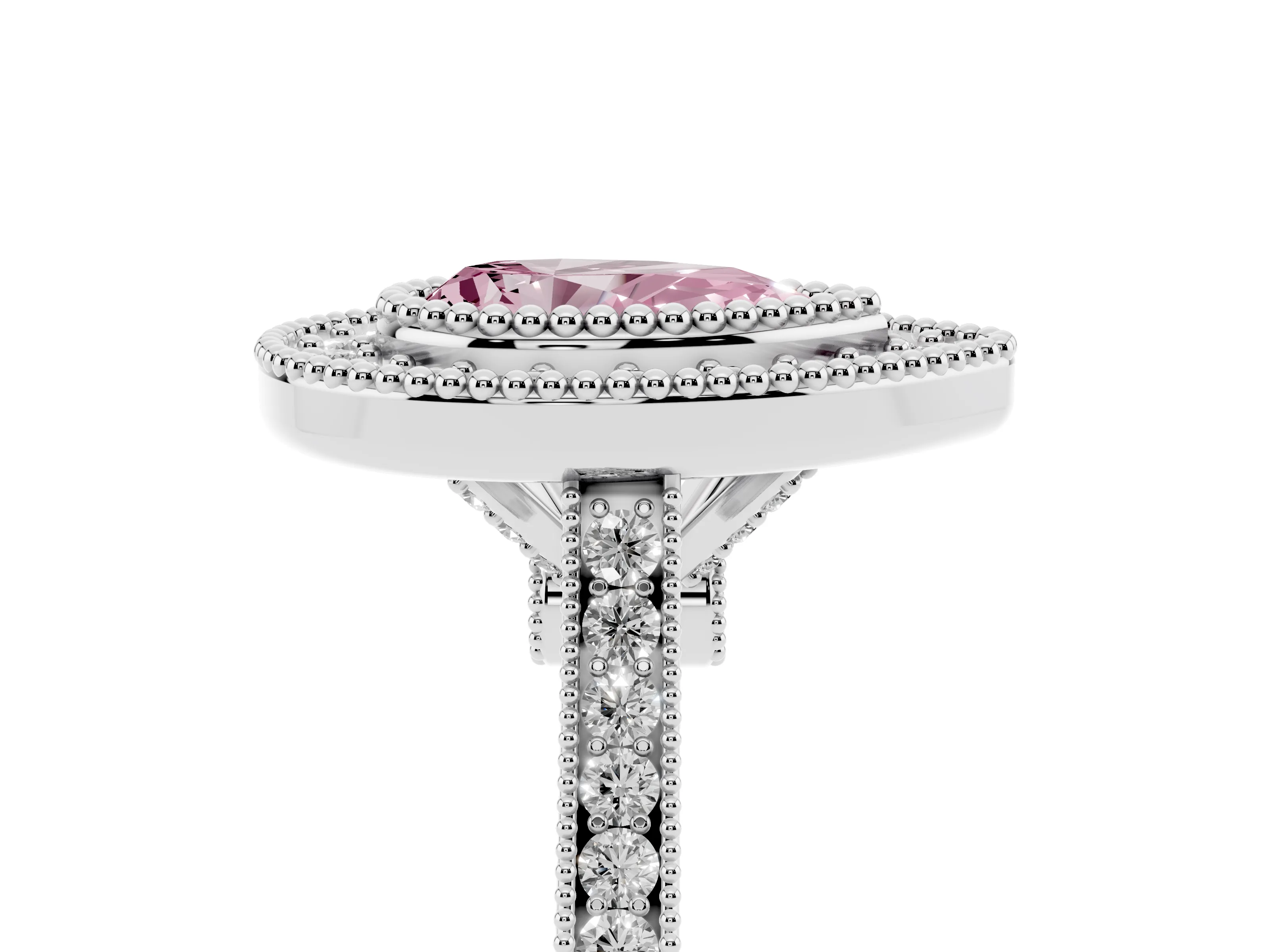 Fancy Pink Pear Cut Diamond Halo Ring Set in Silver with Milgrain Frame and Pavé Band