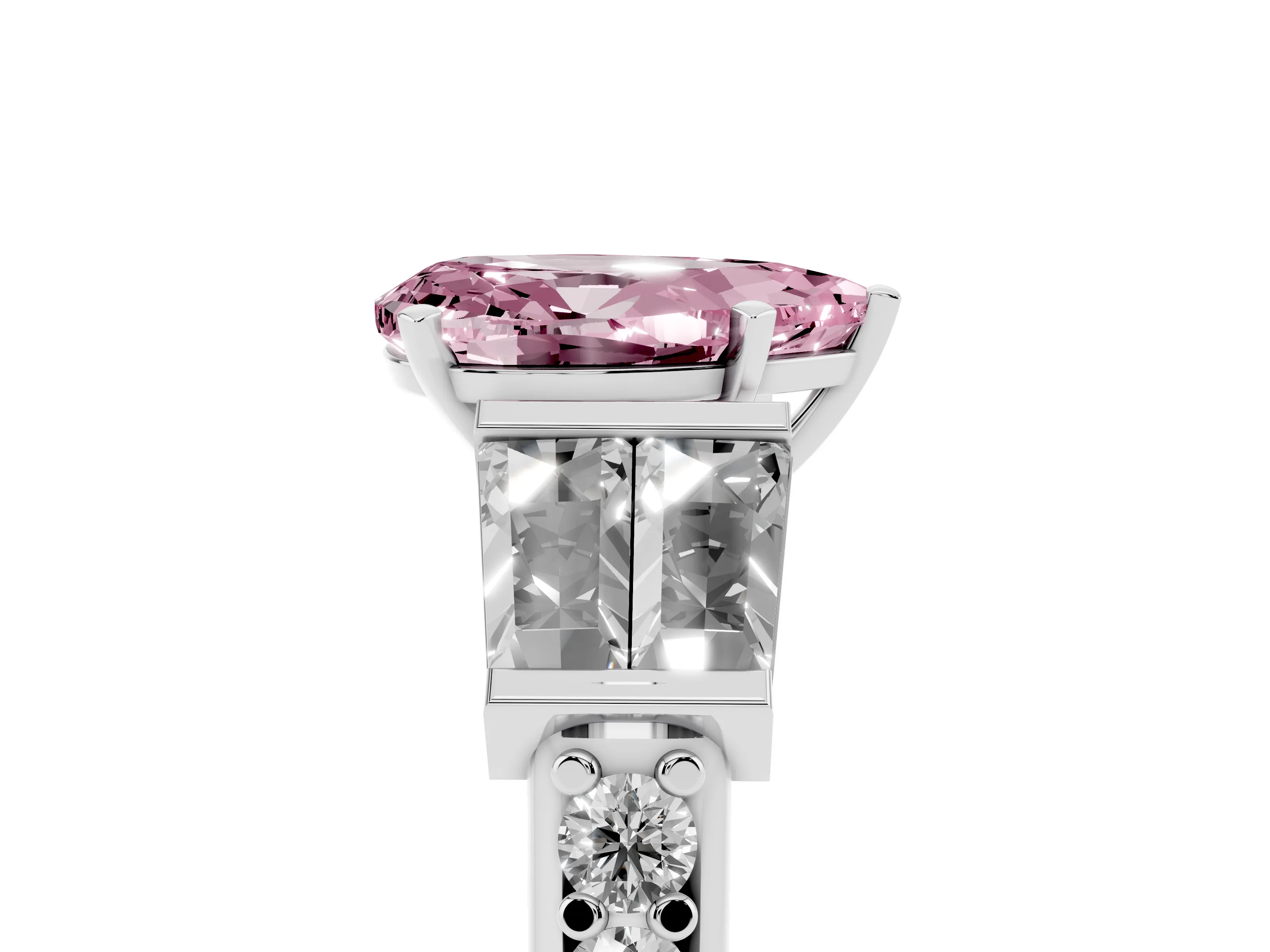 Fancy Pink Pear Cut Diamond Engagement Ring Set in White gold with Baguette Side Stones and Channel Set Band