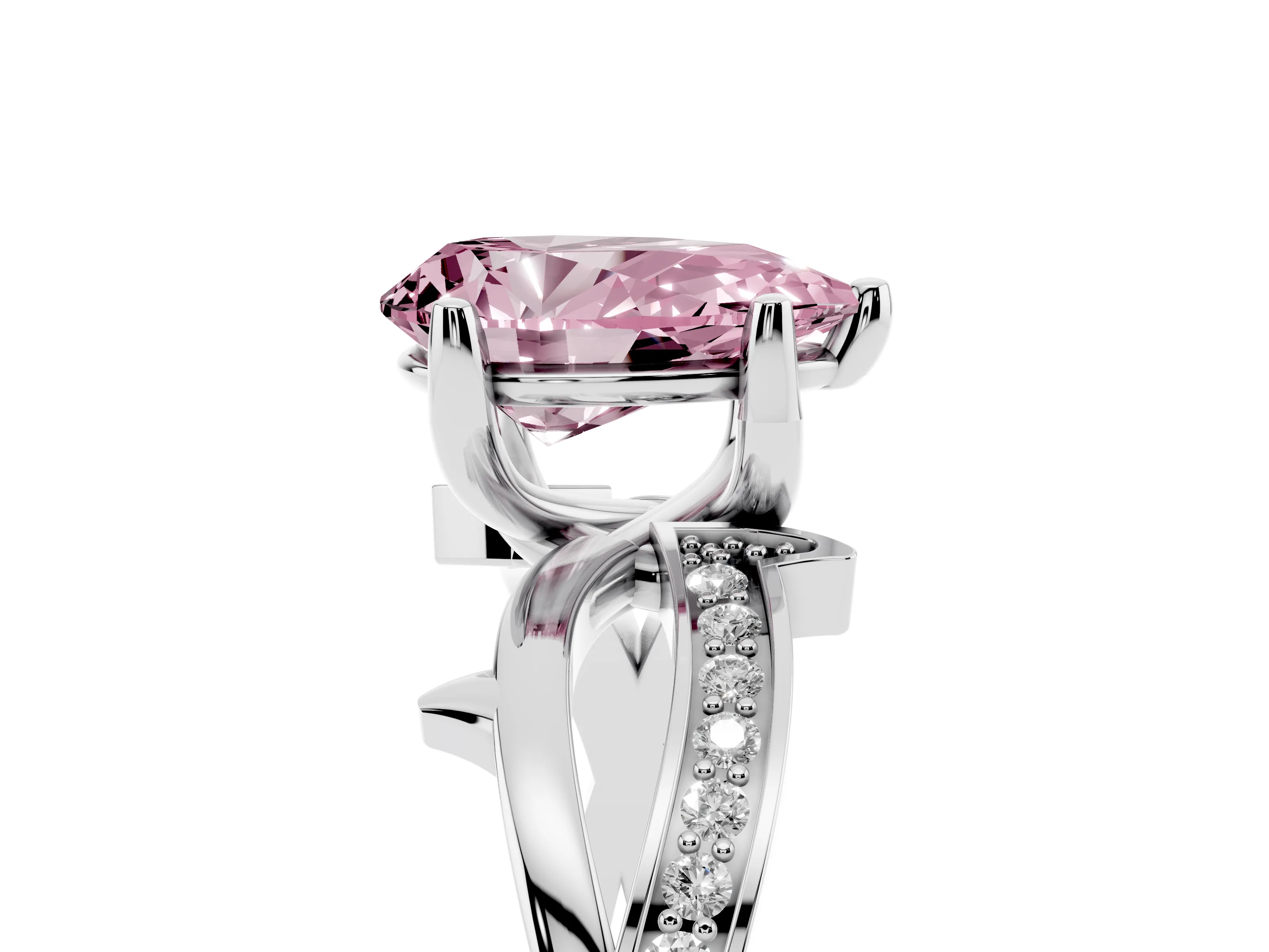 Fancy Pink Pear Cut Diamond Pavé Twist Band Solitaire Ring Set in Silver with Prong Setting