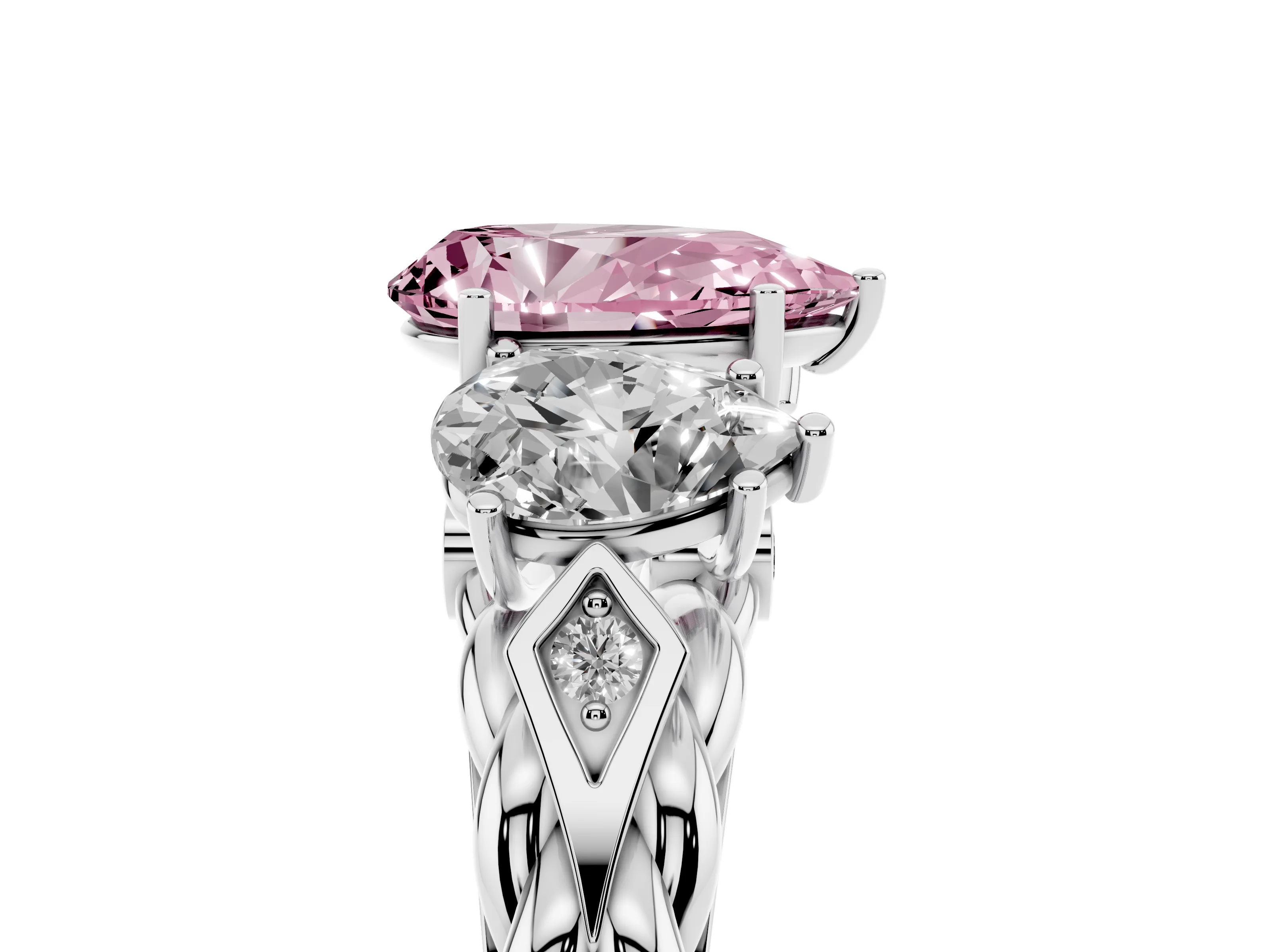 Fancy Pink Pear Cut Diamond Three-Stone Ring Set in Silver with Braided Band